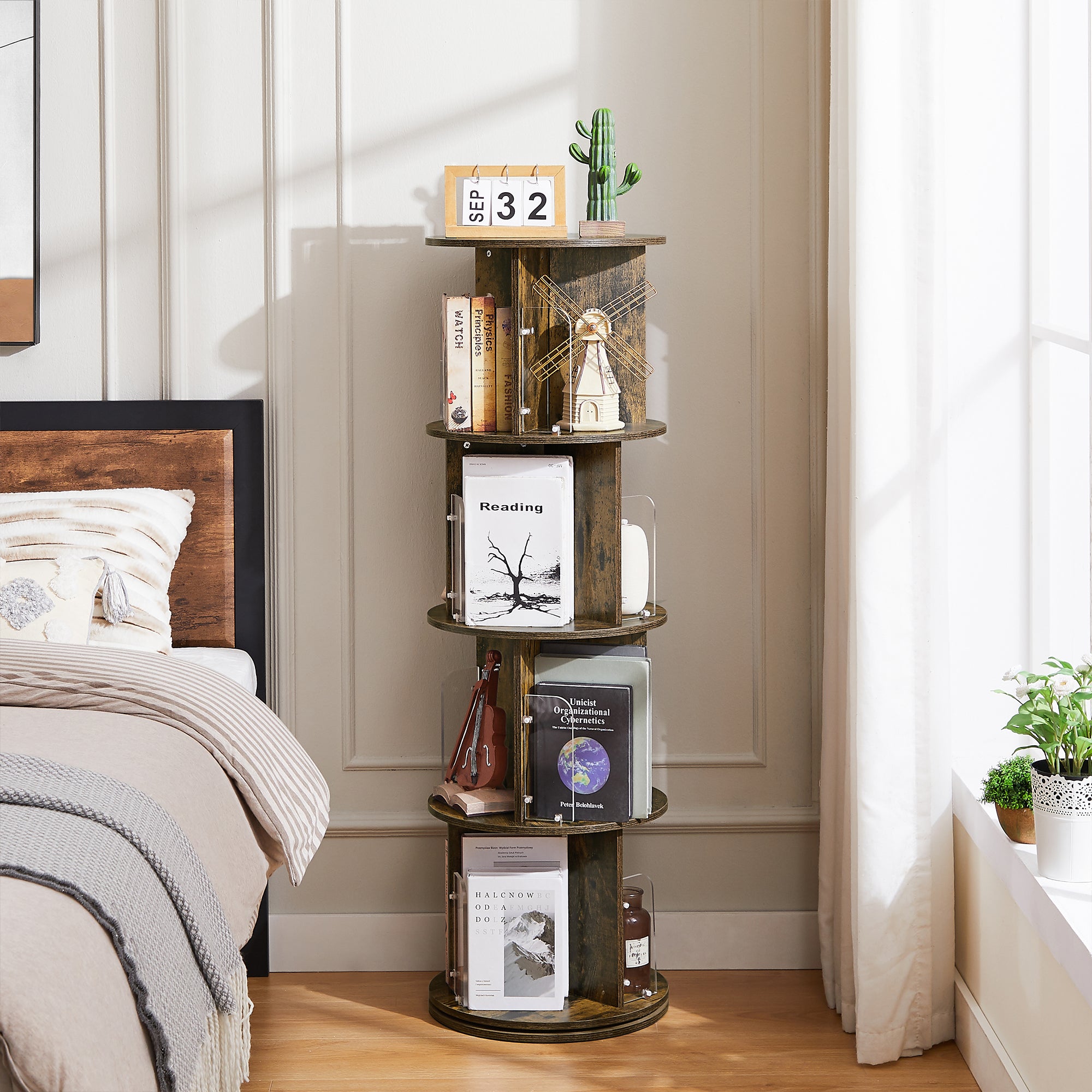 Vecelo LOE-B14-BRN 4 Tier Revolving Bookshelf Tower Display Floor Standing Storage Rack with Acrylic Visible Window Partition for Bedroom Living Room Home and Office