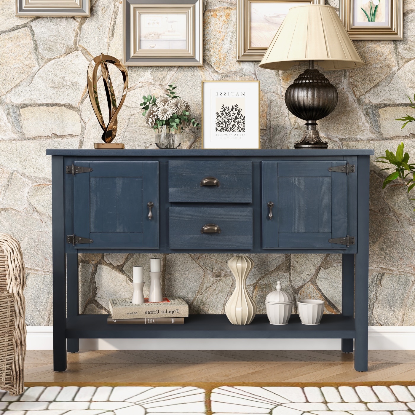 CHITA Navy Blue Rustic Sideboard Buffet Cabinet with 2 Drawers for ...