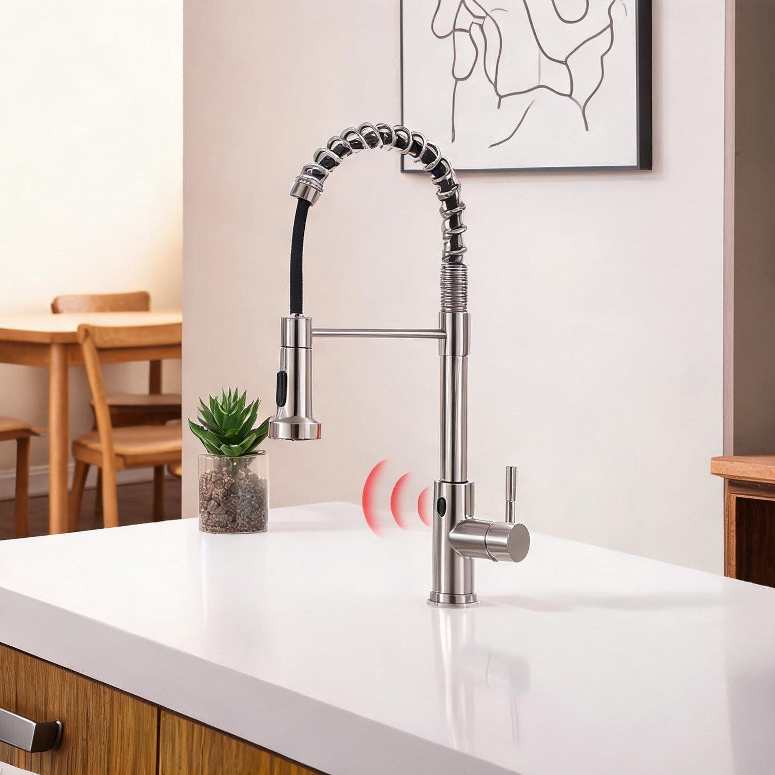 Naturefalls Single-Hole Pull-Out Kitchen Faucet with Touchless Motion Sensor in Brushed Nickel