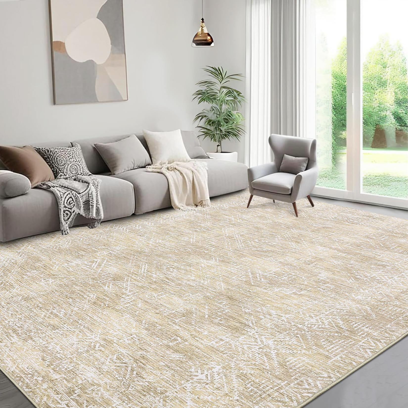 GarveeLife Distressed Diamond Area Rug Beige 5 x 7 Feet Washable ...