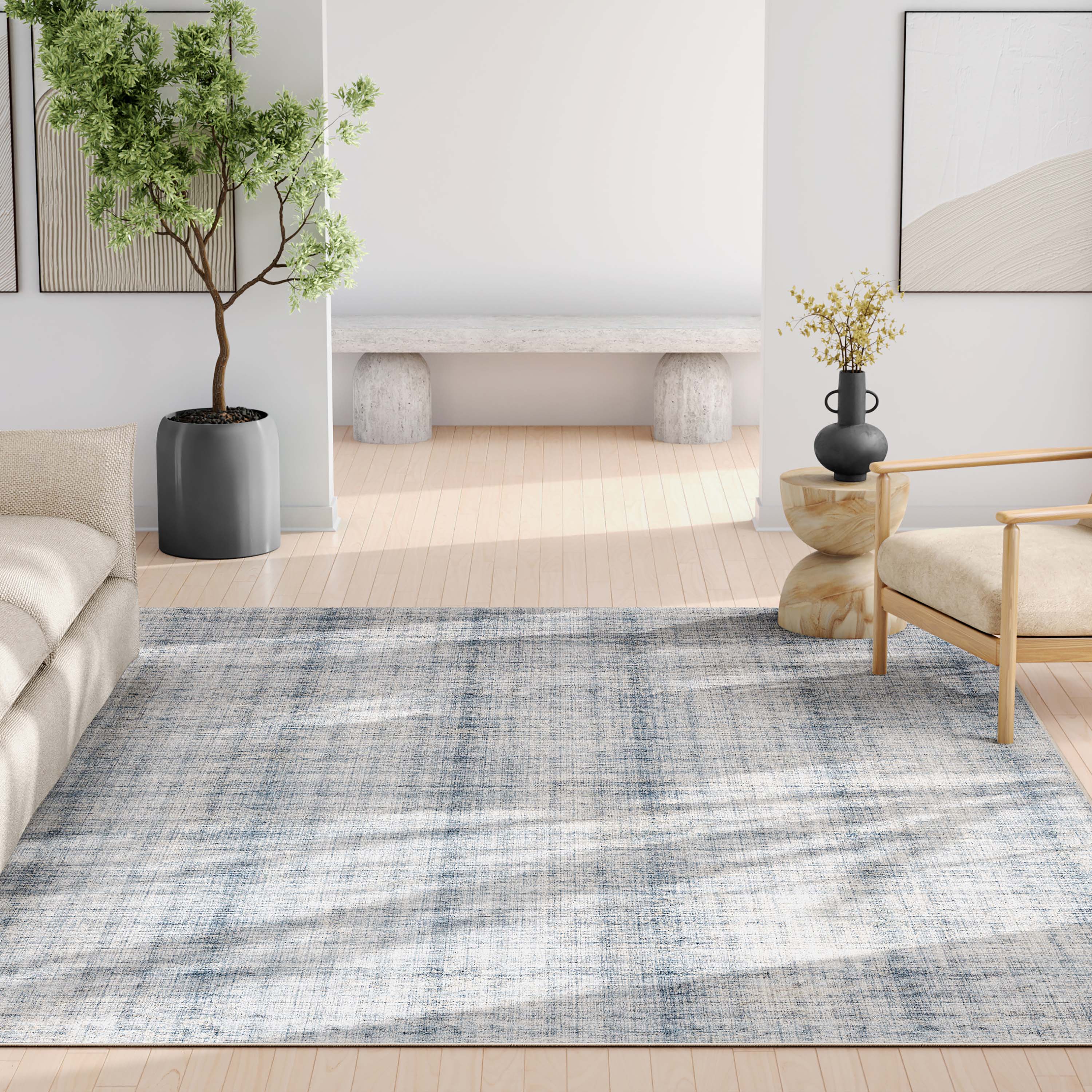 Blue Cream Abstract Plaid Flat-Weave Area Rug 9'10" x 13'