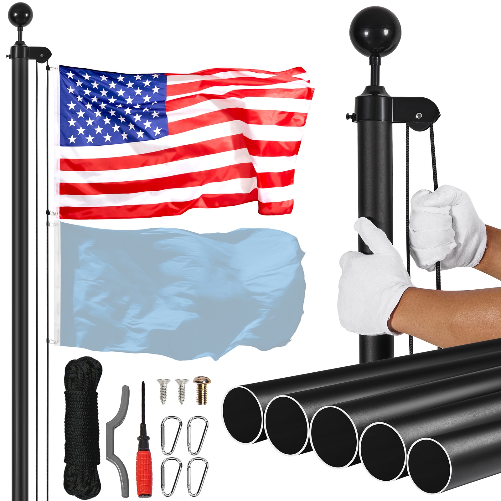 VEVOR SCQGTJTJSFDH05111V0 20FT Sectional Flag pole Kit  Heavy Duty Aluminum Alloy in Ground Flag poles for Outside  3 Display Modes Flagpole with 3x5 American Flag  Professional Accessories  Black