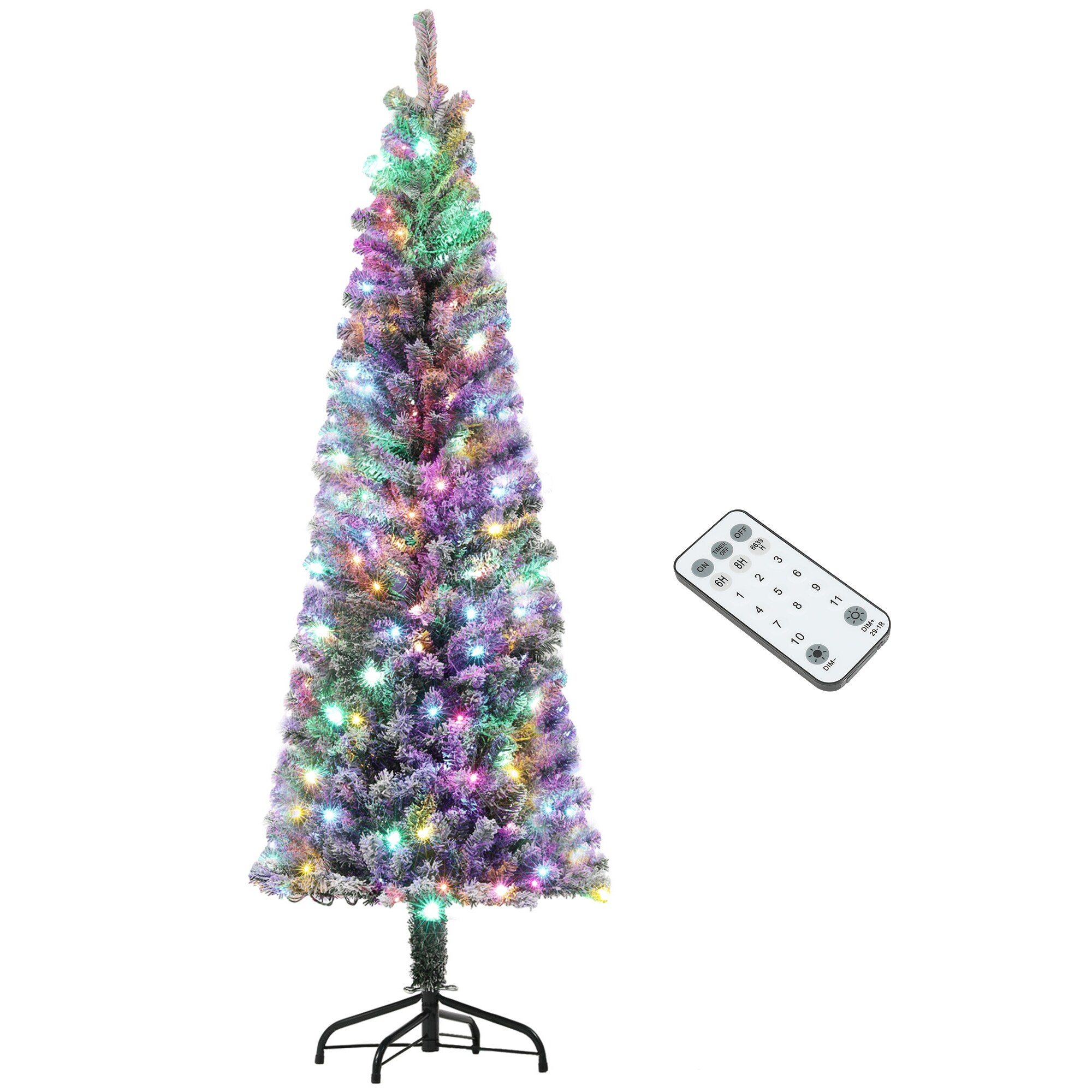 GDFStudio 6 ft Pre-Lit Pencil Christmas Tree Artificial Christmas Tree with 170 Dual Color LED Lights and 429 Branch Tips Flocked Xmas Tree with Metal Stand for Holiday Party Green