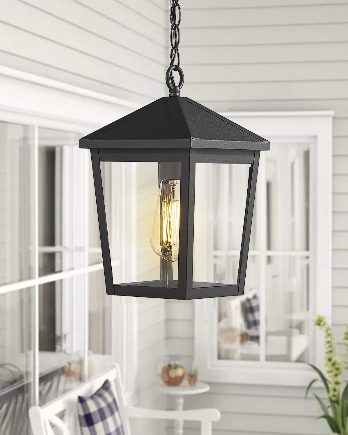 LTMATE JAZAVA Black Industrial Clear Glass Lantern Led Outdoor Hanging ...