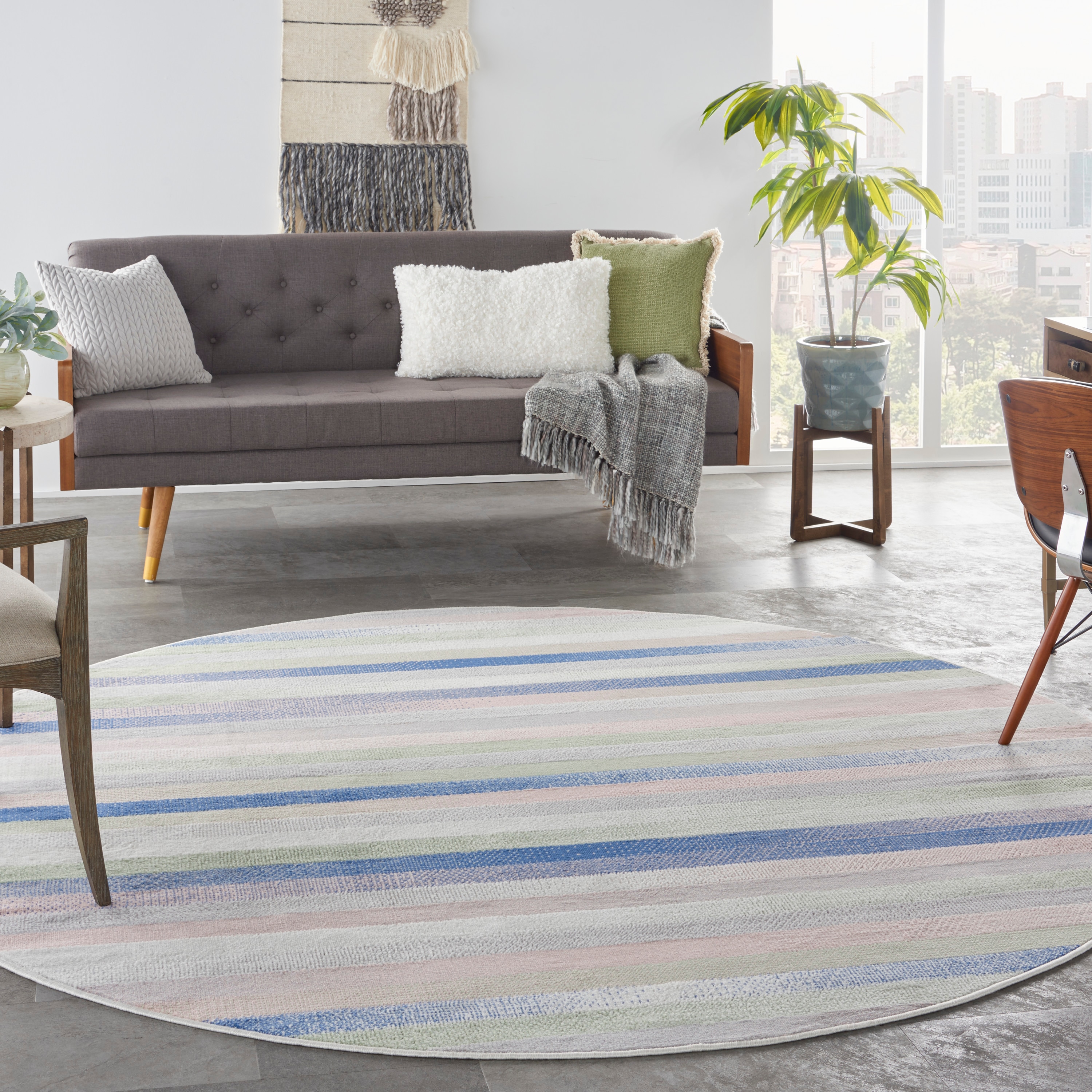Nourison 99446833846 Whimsicle 8 x 8 (ft) Loomed Polypropylene Ivory Multicolor Round Indoor Stripe Area rug