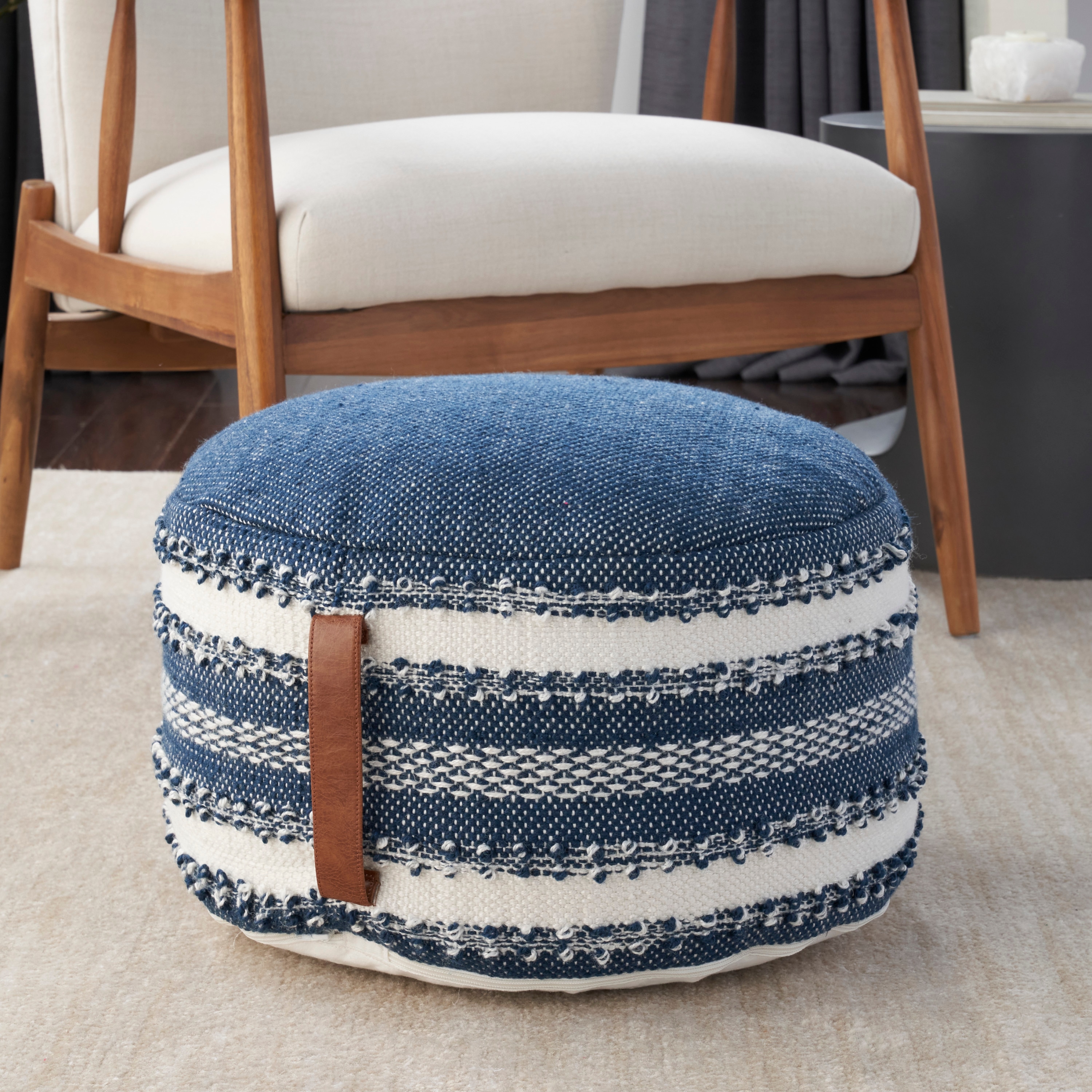 Mina Victory Casual Navy Polyester/Polyester Blend Pouf Ottoman ...