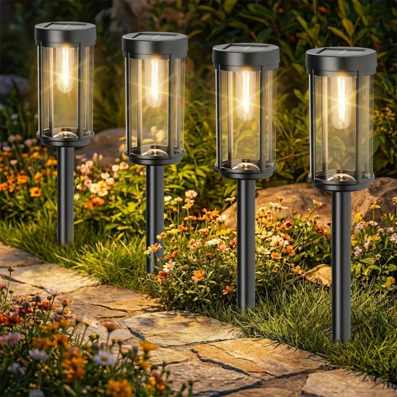 12 Pack Solar Pathway Lights Modern Classic Warm White Landscape Lighting