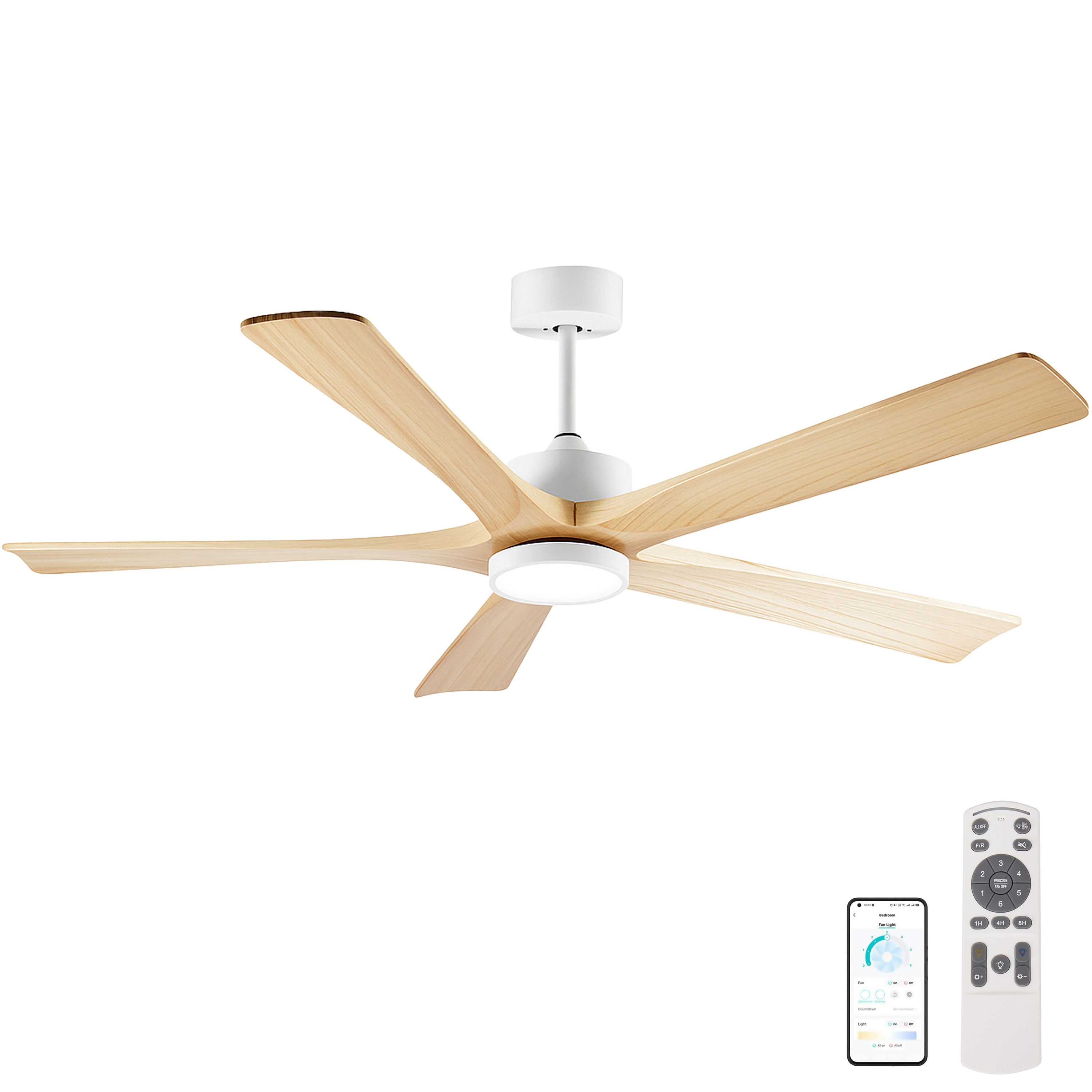 LUXEYARD 60-Inch Ceiling Fan with Light 5 Solid Wood Blades Downrod Mount for Sloped Ceiling Quiet Reversible DC Motor APP and Remote Control 6 Speeds Timer Dimmable Full-Spectrum LED