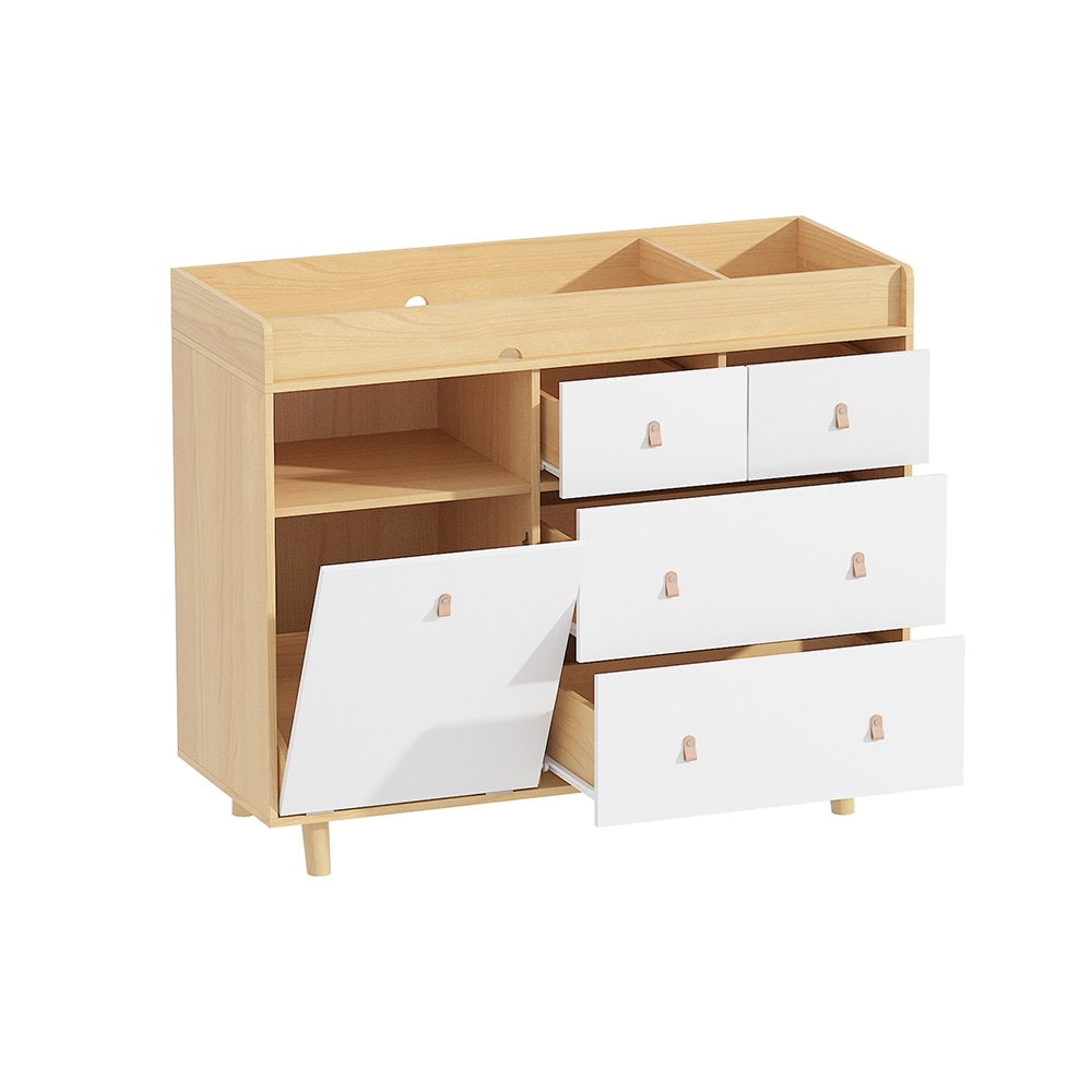 Homsee C-KF180081-02 Natural Wood and White Baby Changing Table with Guardrails 4 Drawers Tilt Out Hamper and Open Shelf Nursery Storage Dresser