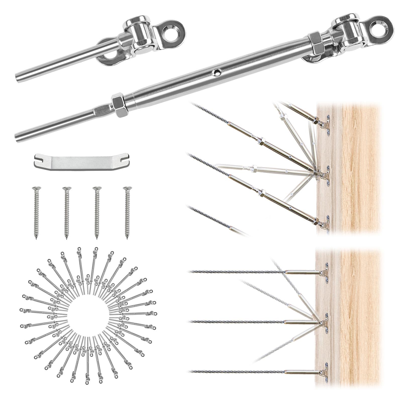 Afoxsos  30 Pairs Cable Railing Hardware Kit for Wood Post T316 Stainless Steel Adjustable Turnbuckle for Stairs and Decks 60 Pack