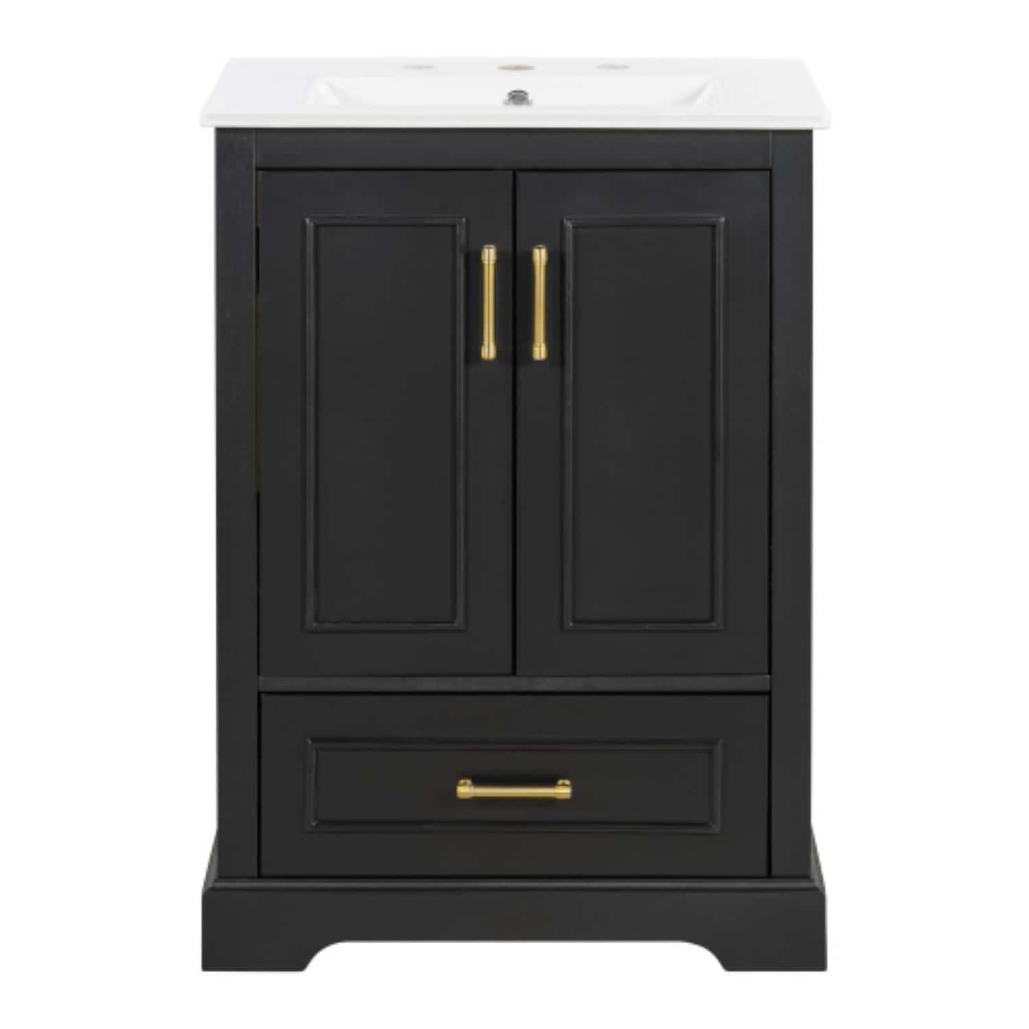 Dimakai 24 Inch Black Bathroom Vanity with Ceramic Sink - Double Door Shelves and Divided Drawer