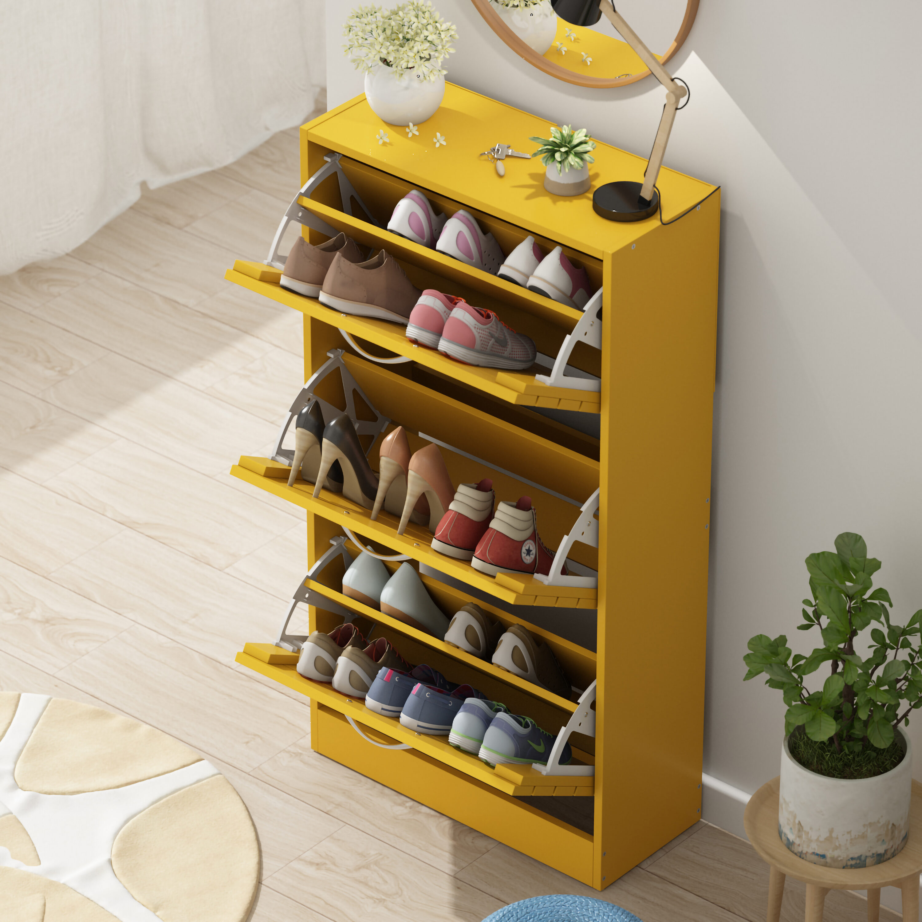 FUFU&GAGA 42.3-in H 3 Tier at in 10 Composite Shoe the Shoe Cabinet Yellow Storage department Pair