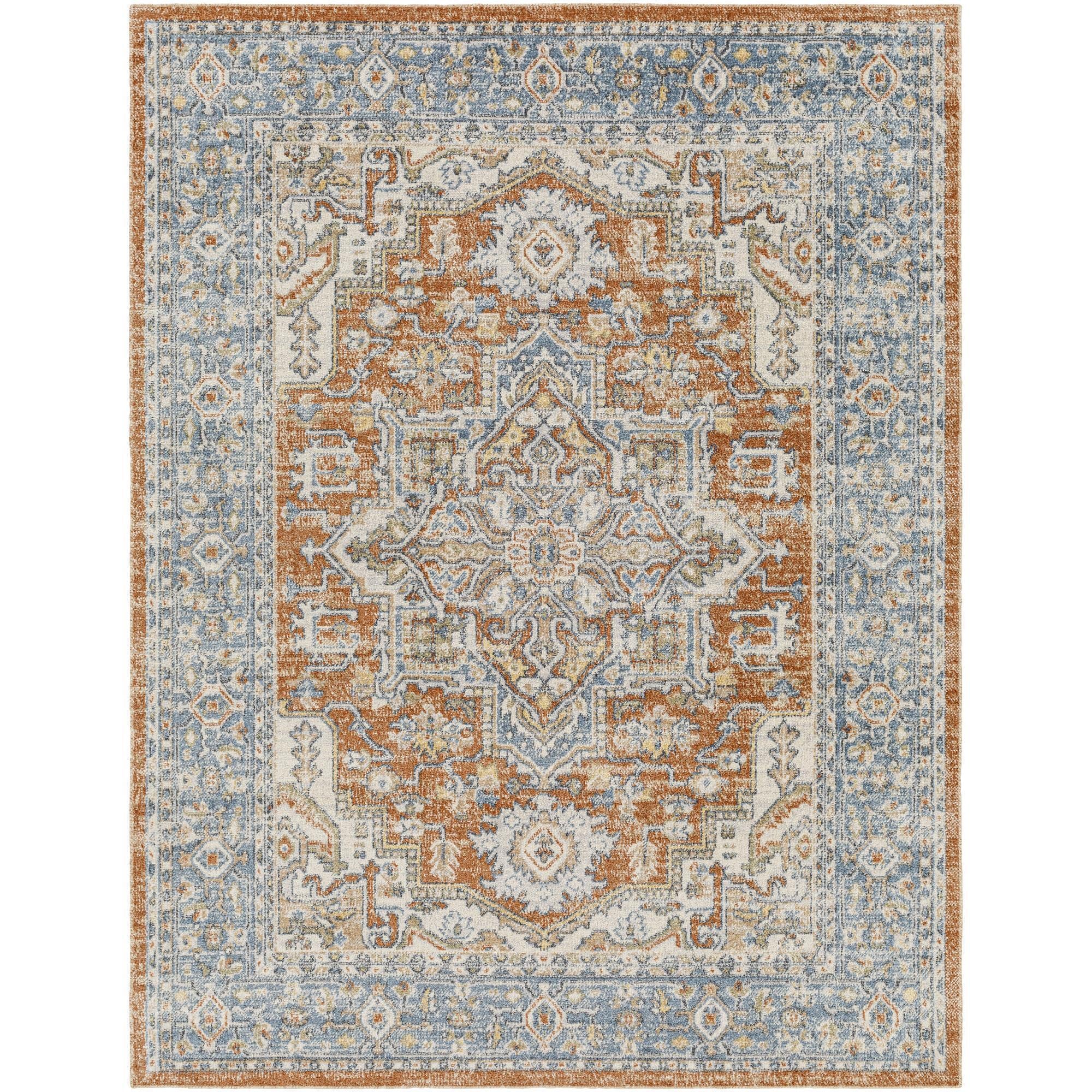 Livabliss LLL2316-67RD Lillian 7 x 7 (ft) Polyester Rust/Sky Blue Round Indoor Medallion Vintage Machine washable Area rug