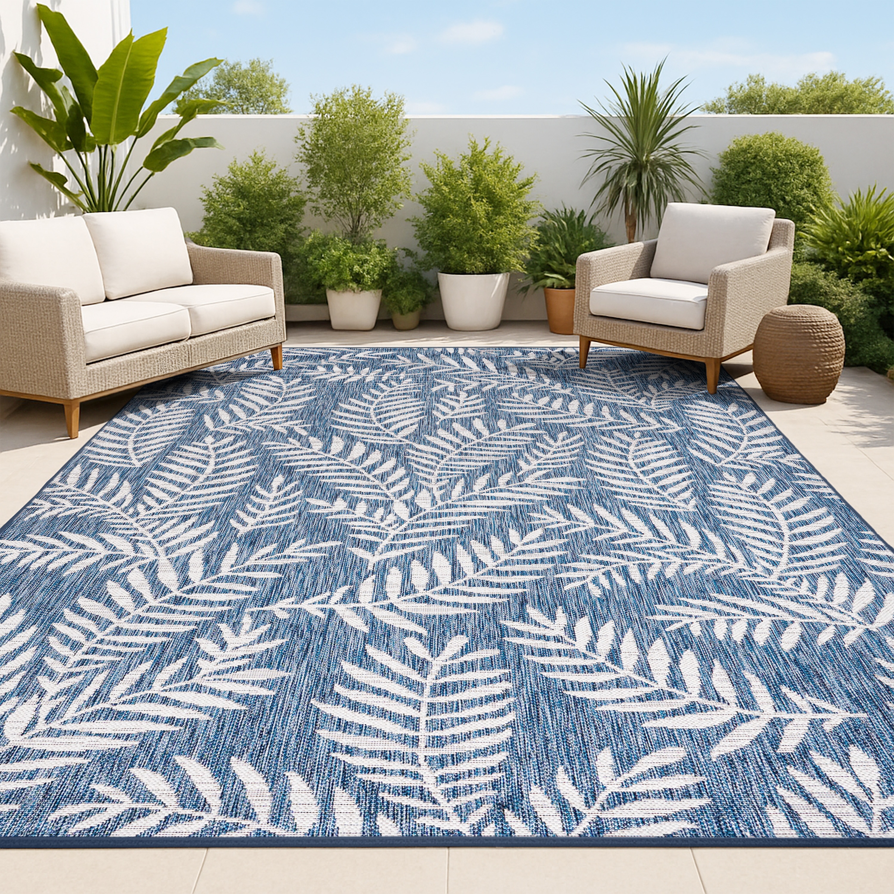 JONATHAN  Y SMB119B-8 Santa Monica Nevis Palm Frond 8 x 10 (ft) Loomed Polypropylene Navy/Ivory Rectangular Indoor/Outdoor Floral/Botanical Coastal Area rug