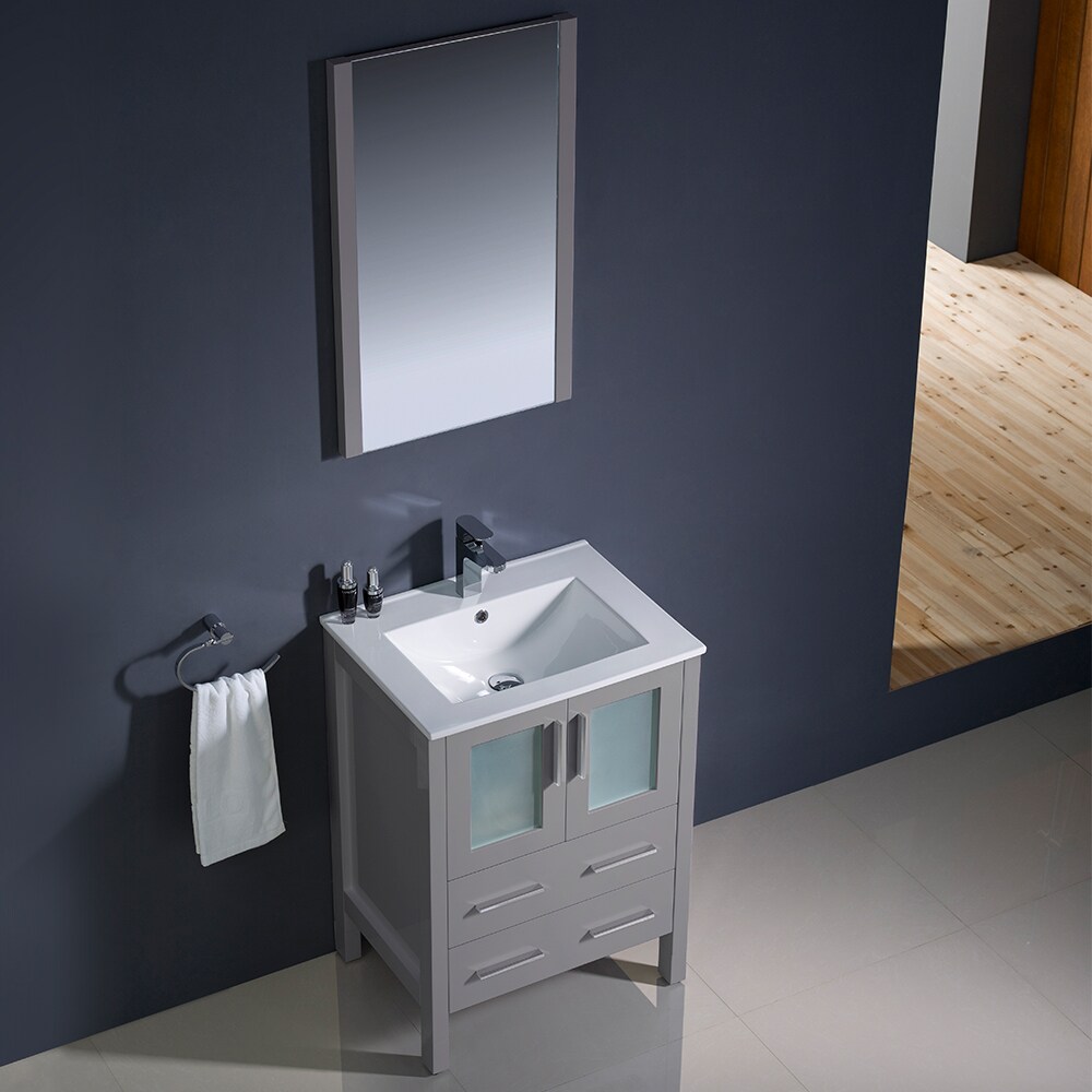 Gray Ceramic and Engineered Wood Single Vanity Set with Mirror