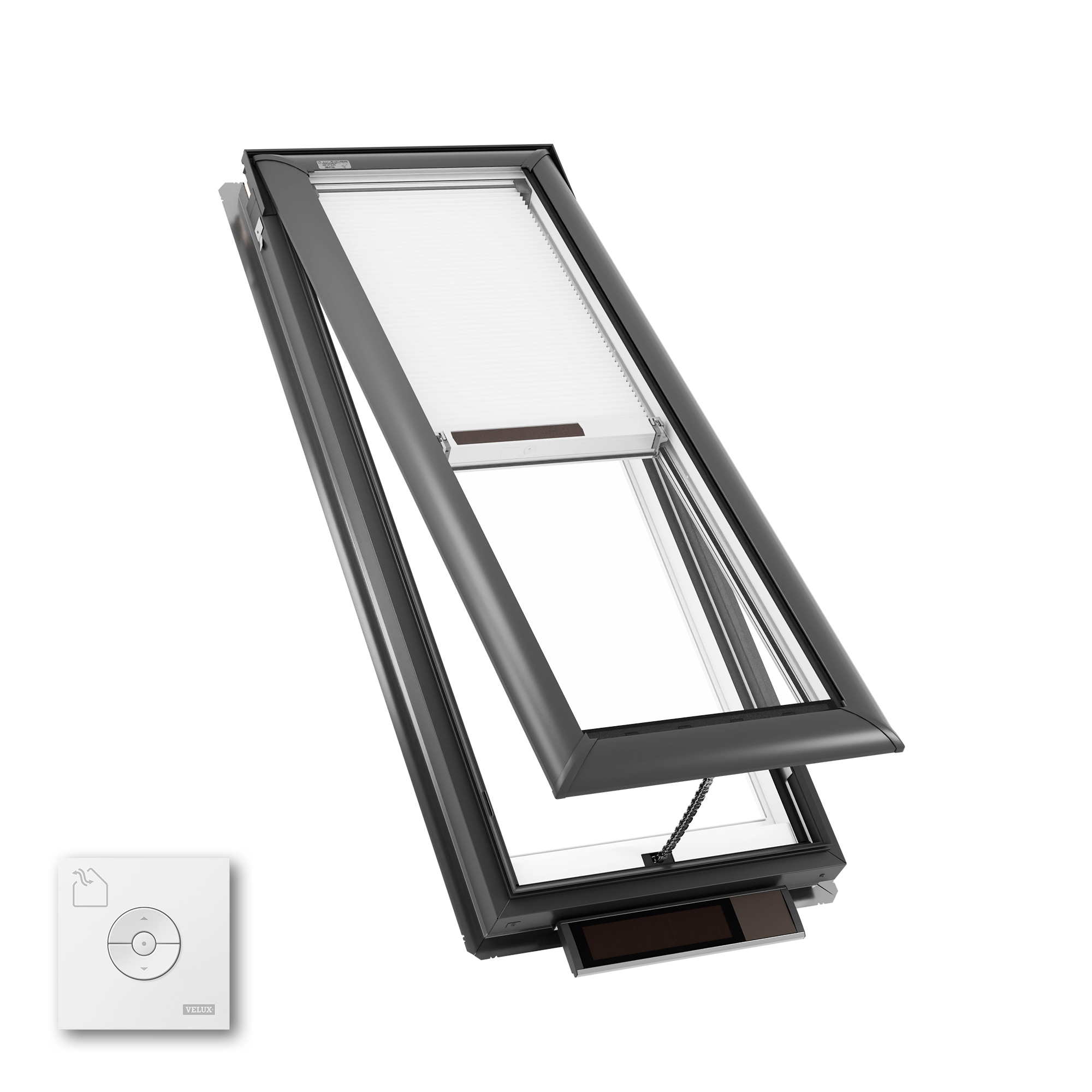 VELUX 21-in x 54-7/16-in Solar-powered venting Deck mount Aluminum Skylight with Laminated Low-E argon Glass Room Darkening Shade #VSS C08 2004S