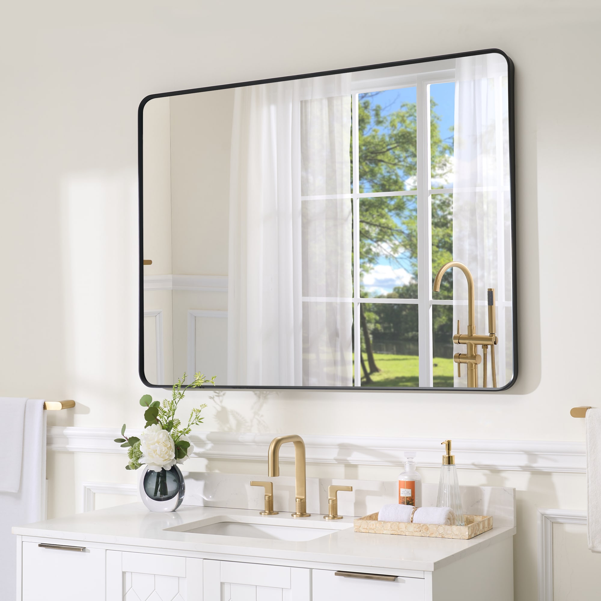 WELLFOR F1 Bathroom Mirror 48-in x 36-in Black Framed Bathroom