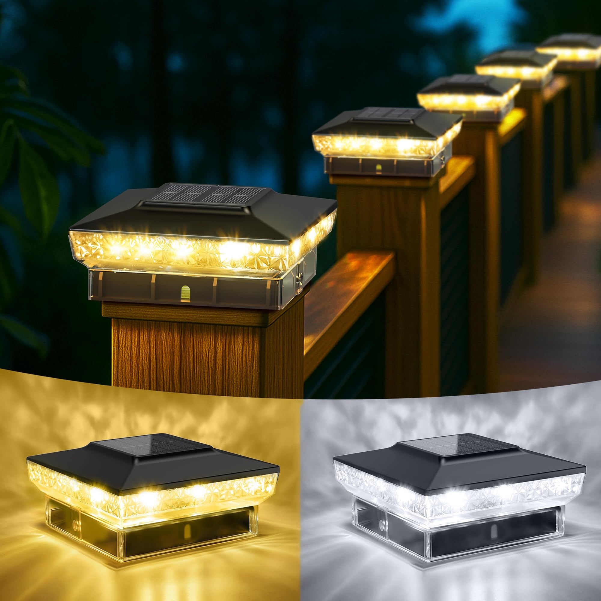 Adrinfly  Solar Post Cap Lights 6 pack Outdoor Deck and Fence Lights for 4x4 and 5x5 Wood or Vinyl Posts IP65 Waterproof Two Light Modes Warm or