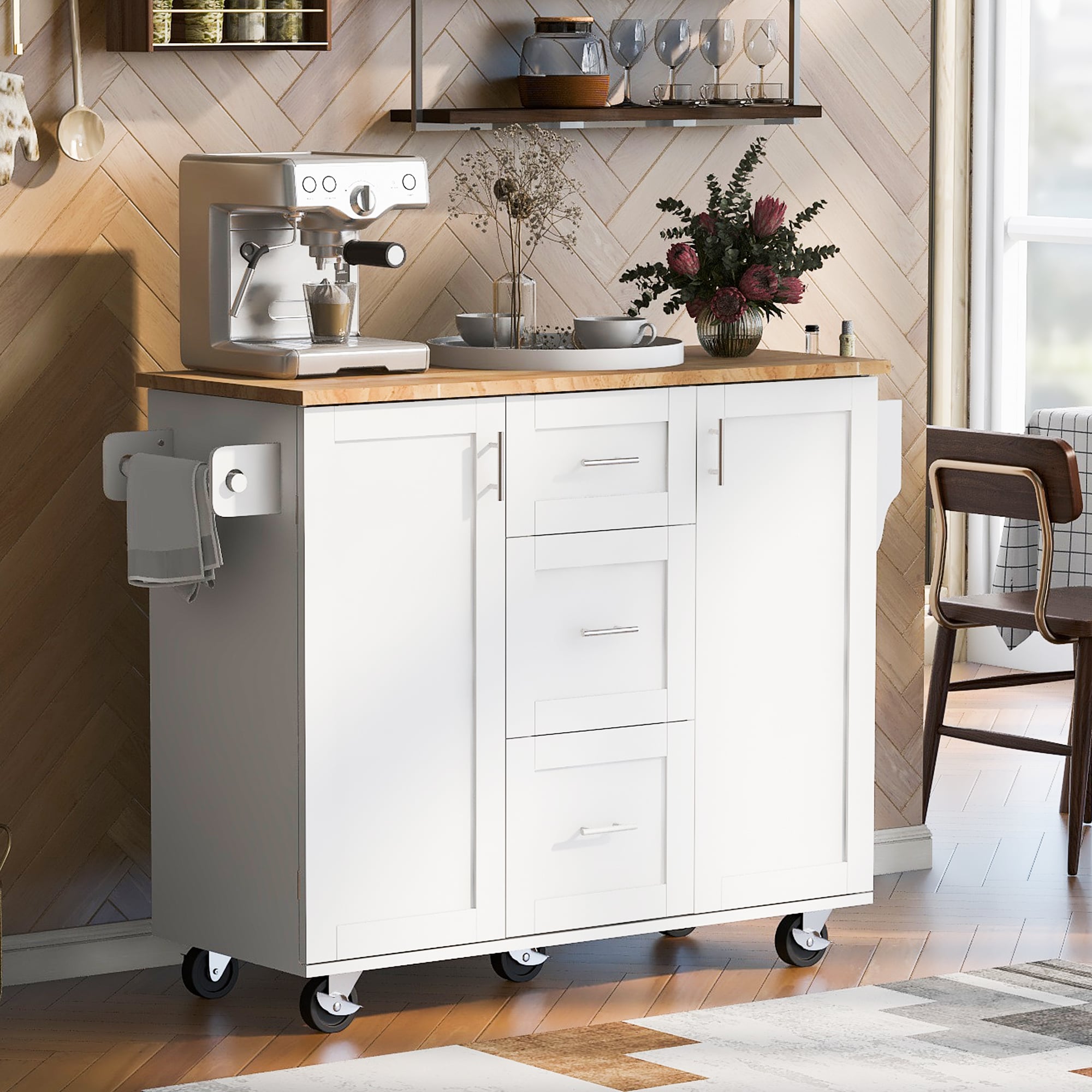 Runesay White Mdf Base with Mdf Wood Top Rolling Kitchen Island (17-in x 50-in x 36.85-in)
