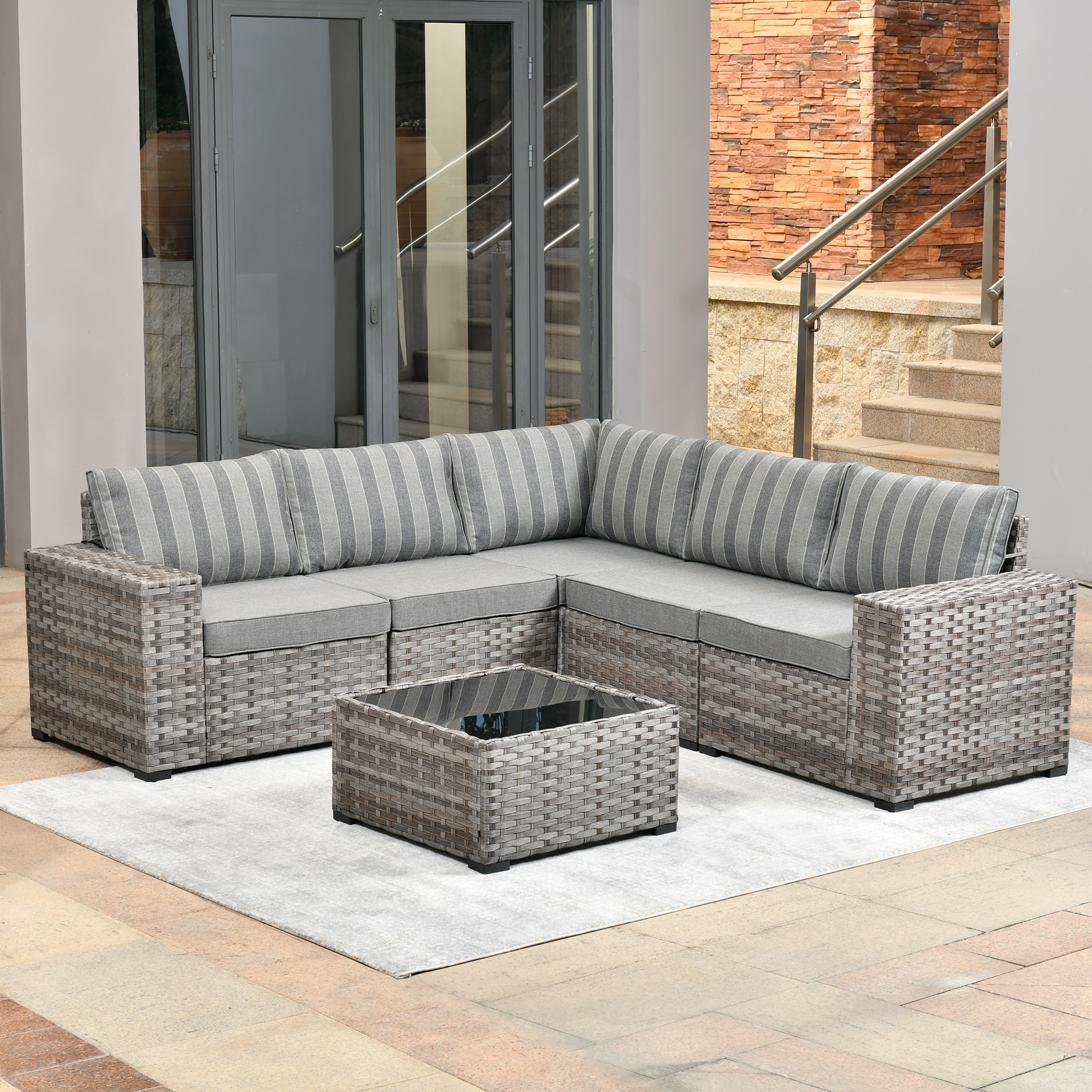 Pouuin Rattan Outdoor Sectional with Gray Cushions and Wicker Frame ...