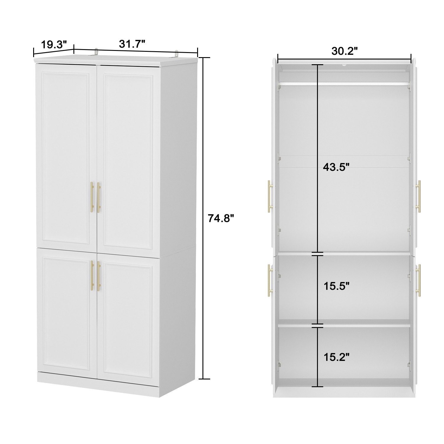 FUFU&GAGA 4-Door White Wardrobe Closet with Metal Rods and Storage ...