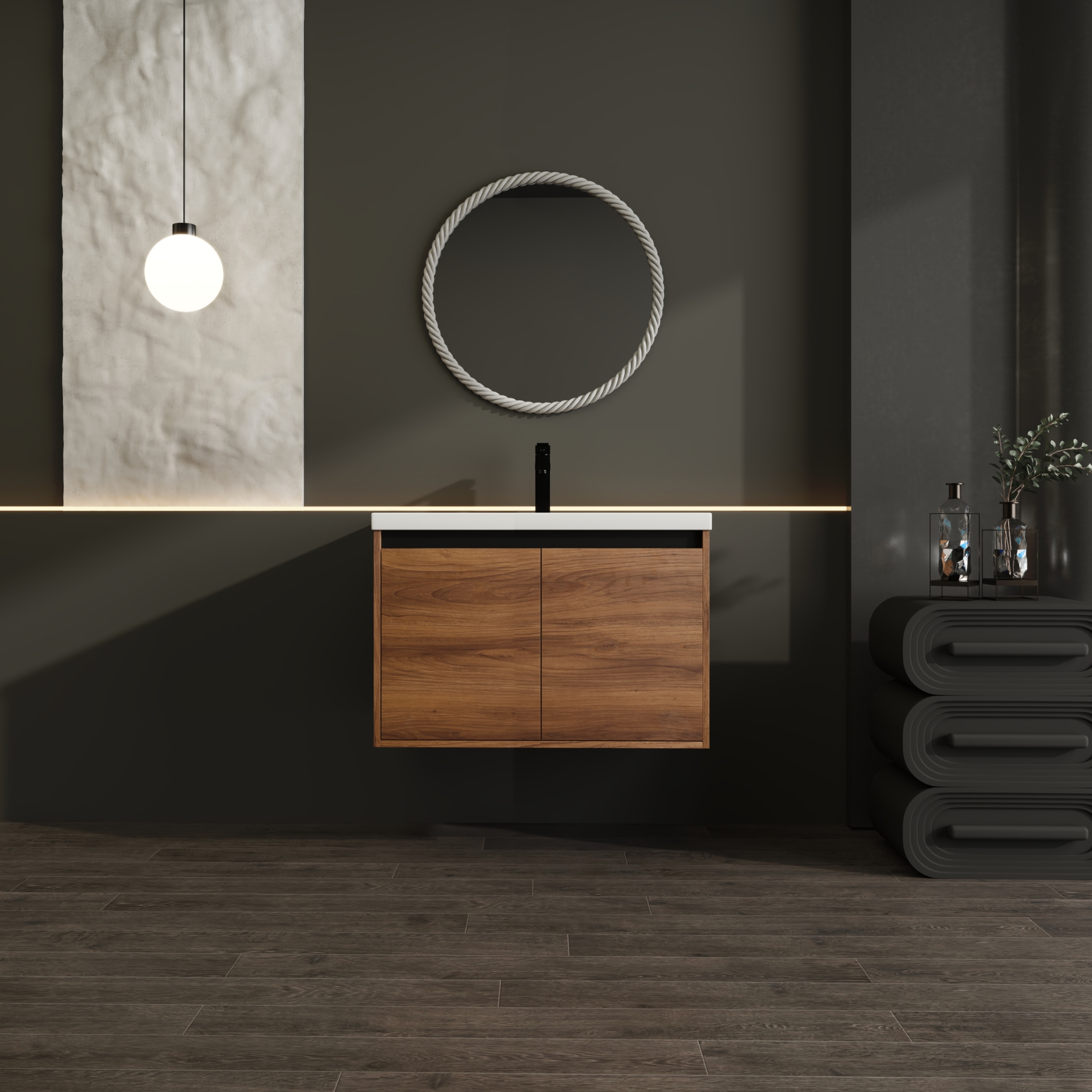 GDFStudio Levistar Modern 30 Inch Wall Mounted Wood Bathroom Vanity Cabinet with Resin Countertop Sink and 2 Doors Brown
