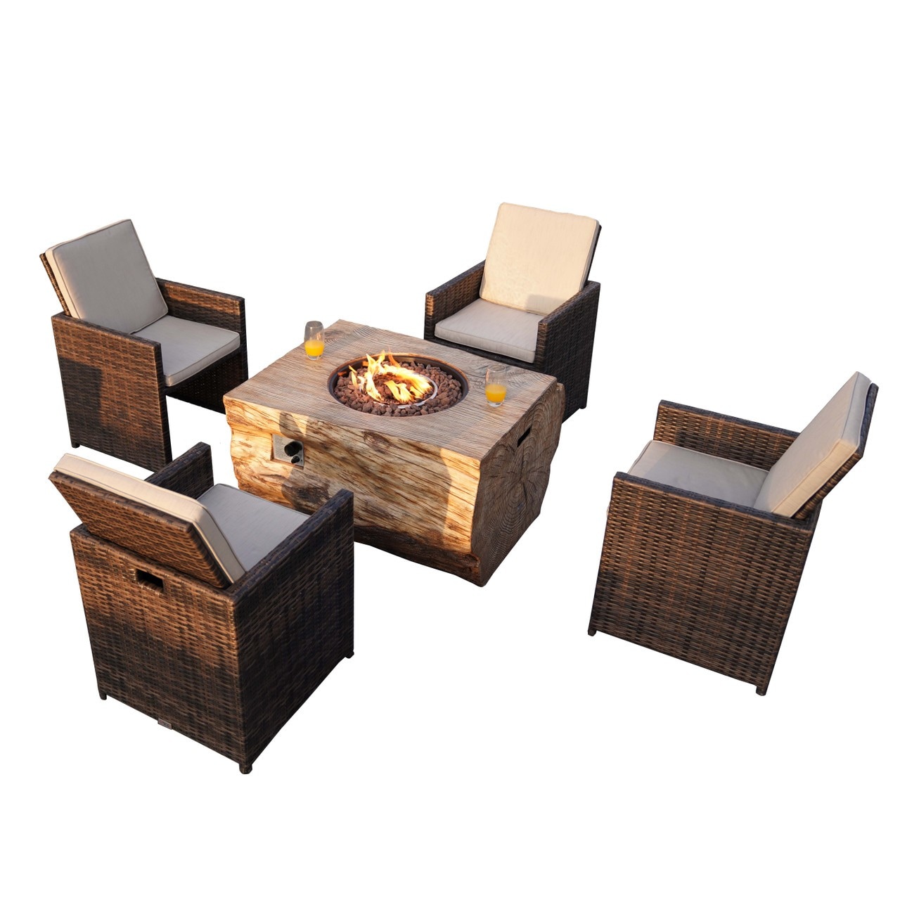 Direct Wicker DWG-217034C-BR 5 -Piece Brown Wicker Patio Dining Set Iron Rectangle Table with 4 Off-white Cushions Stationary Chairs Fire Pit Included