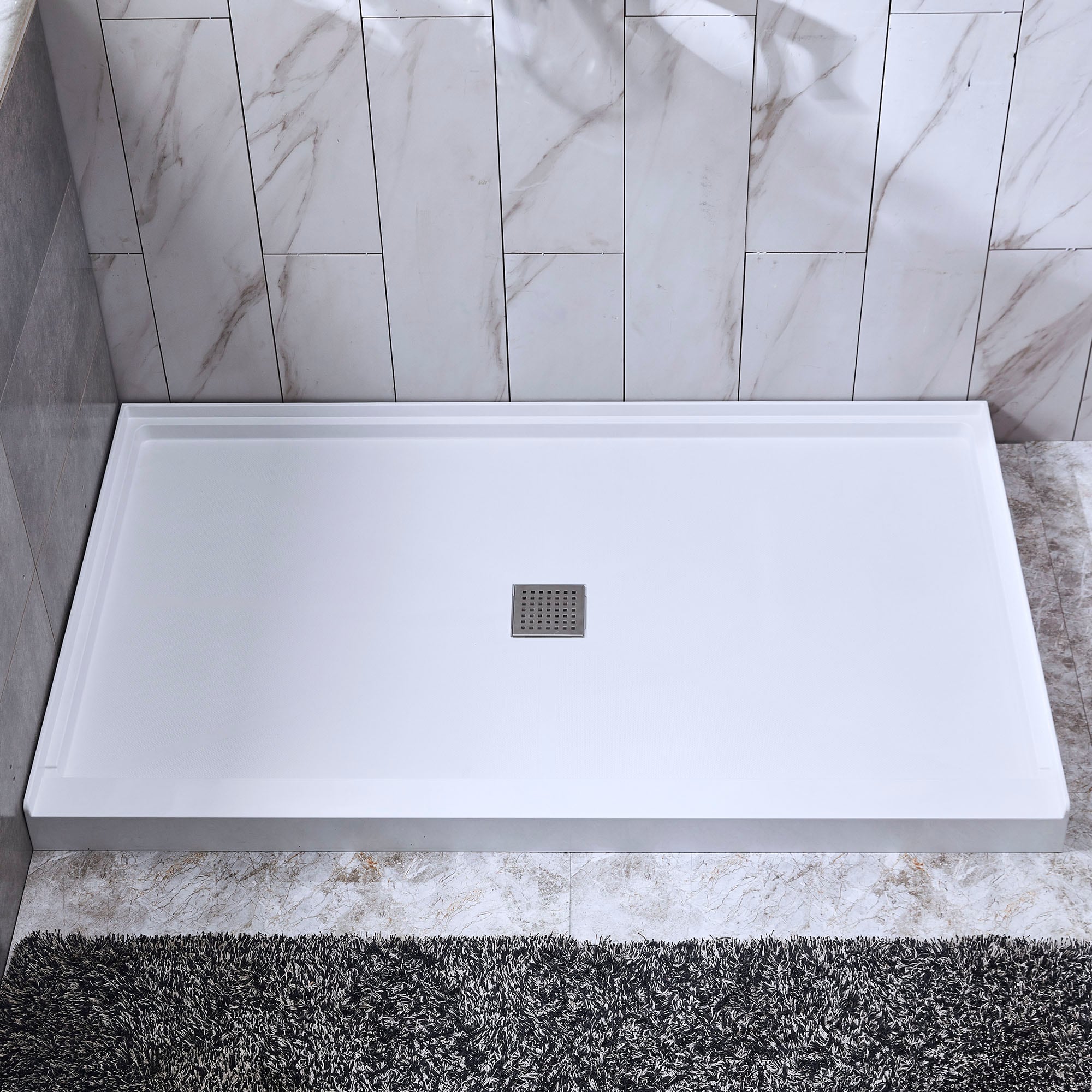 ELEGANT 48'' L x 32'' W x 4'' H Shower Base Pan in White Center Drain  Non-Slip Stainless Steel Shower Drain Cover Included 