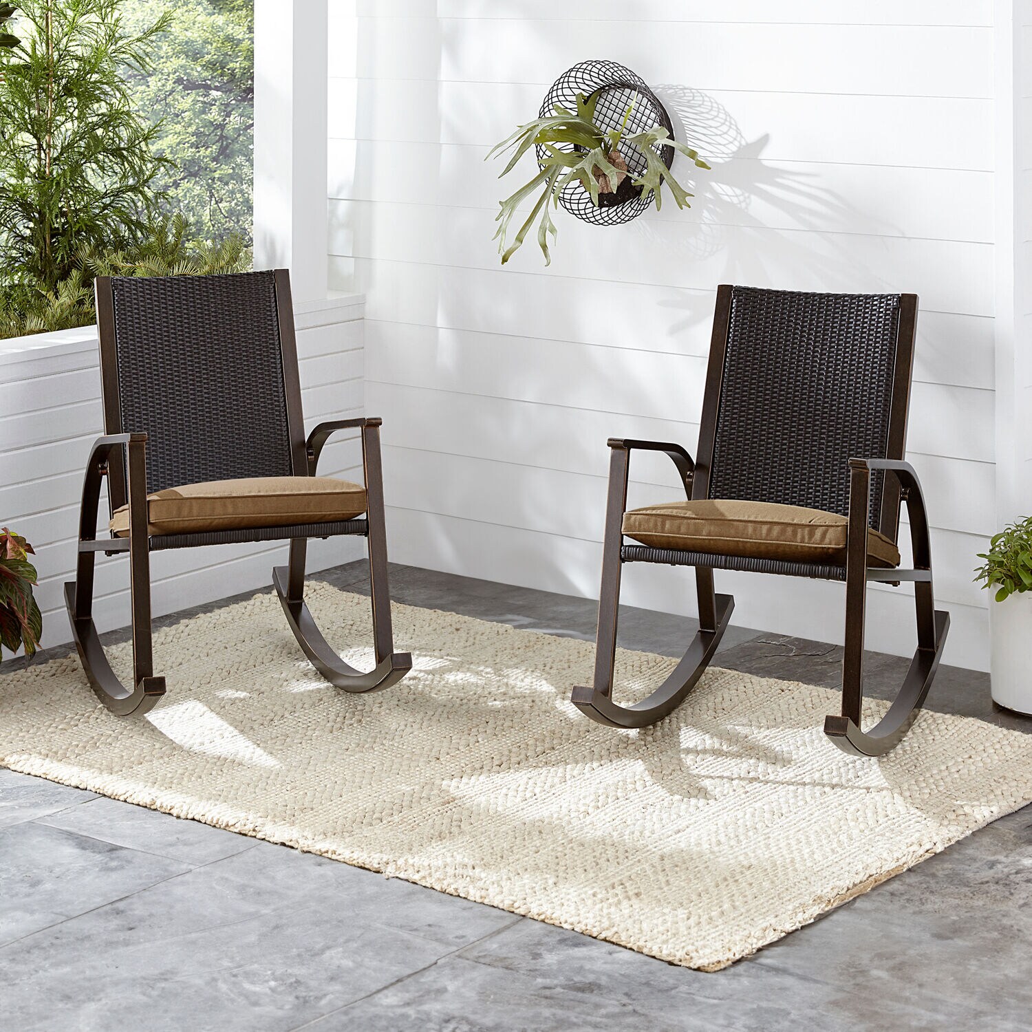 Beige Aluminum Wicker Back Rocking Chair with Cushions