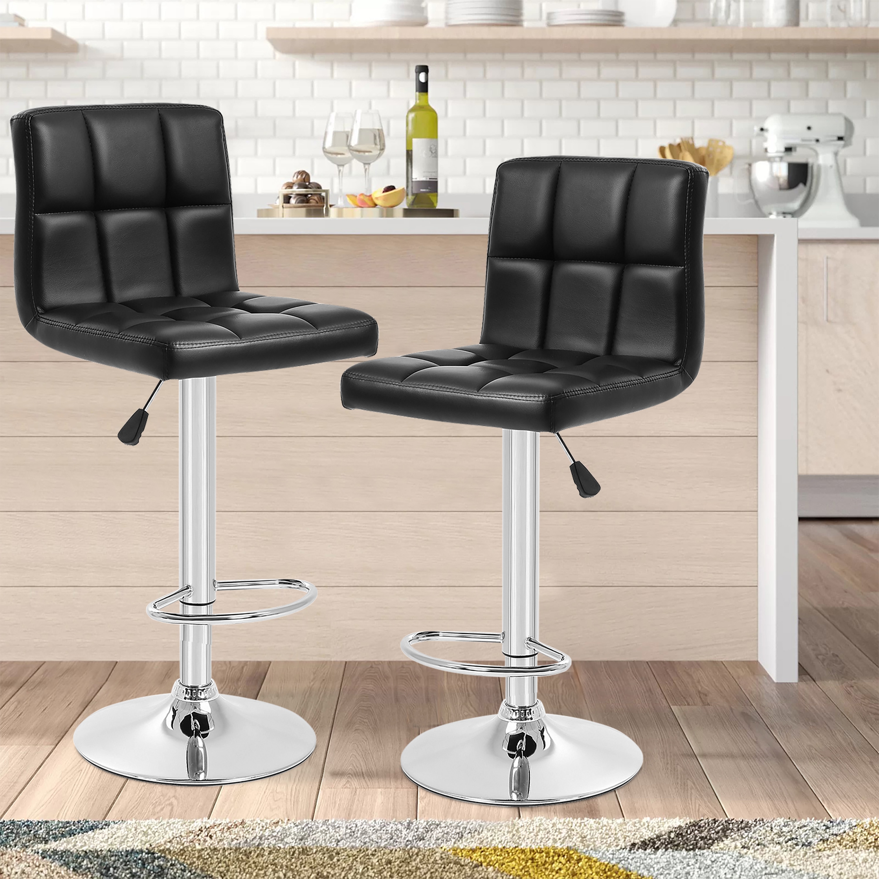 Furniture of America 004L-B06-BK Reiner 2 -Set Black 25.2-in H Adjustable Height Counter height Square seat Upholstered Swivel Metal Bar Stool and Back
