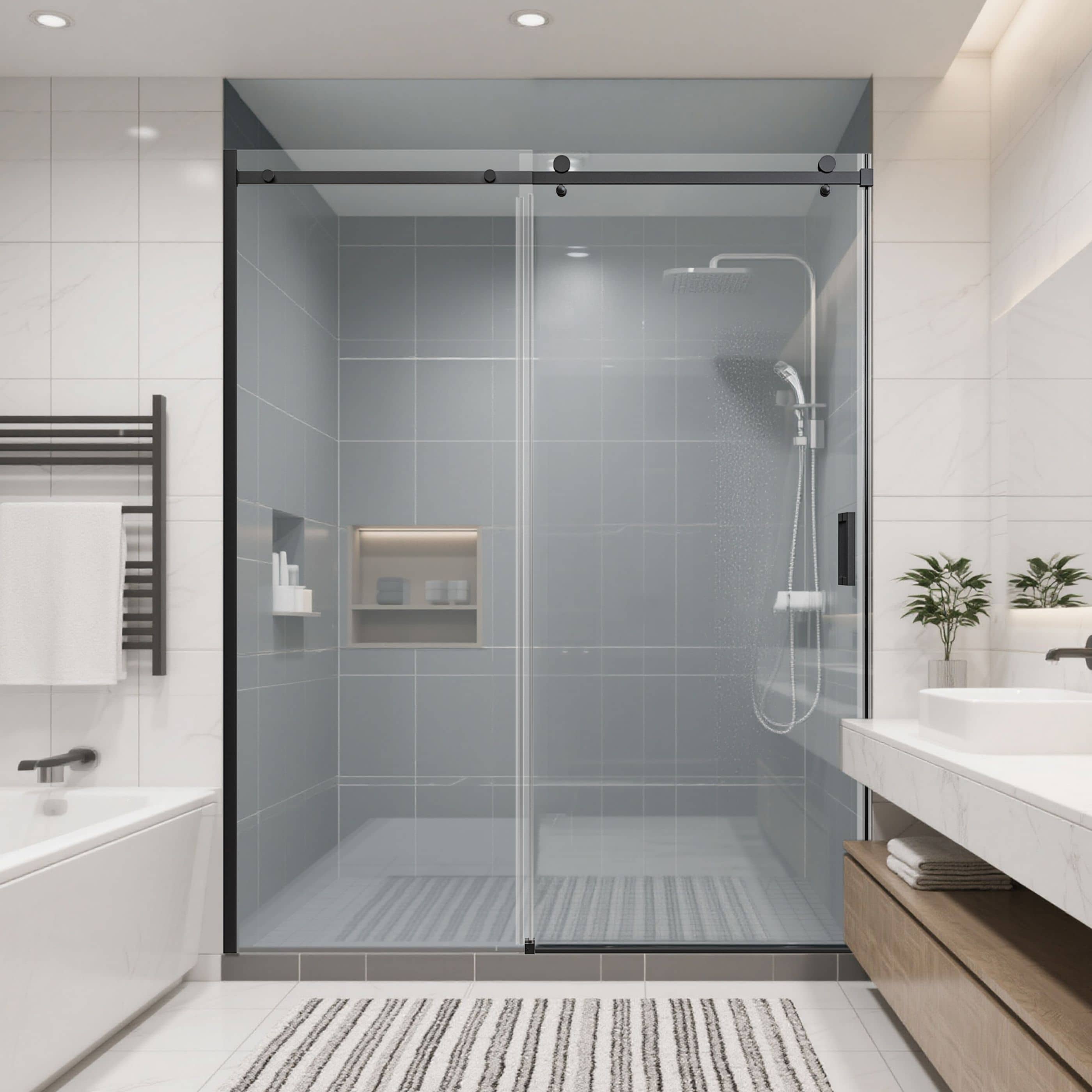 LIVIZA Single Sliding Matte Black 56-in to 60-in W x 74-in H Frameless Clear Glass Bypass Sliding Shower door