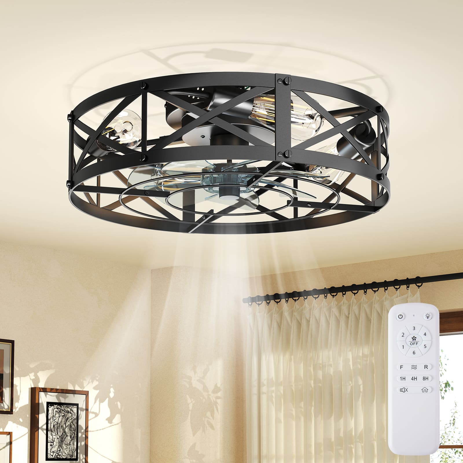 Sweetcrispy 22-in Farmhouse 6-Speed Flush Mount Ceiling Fan with Light and Remote Control Black