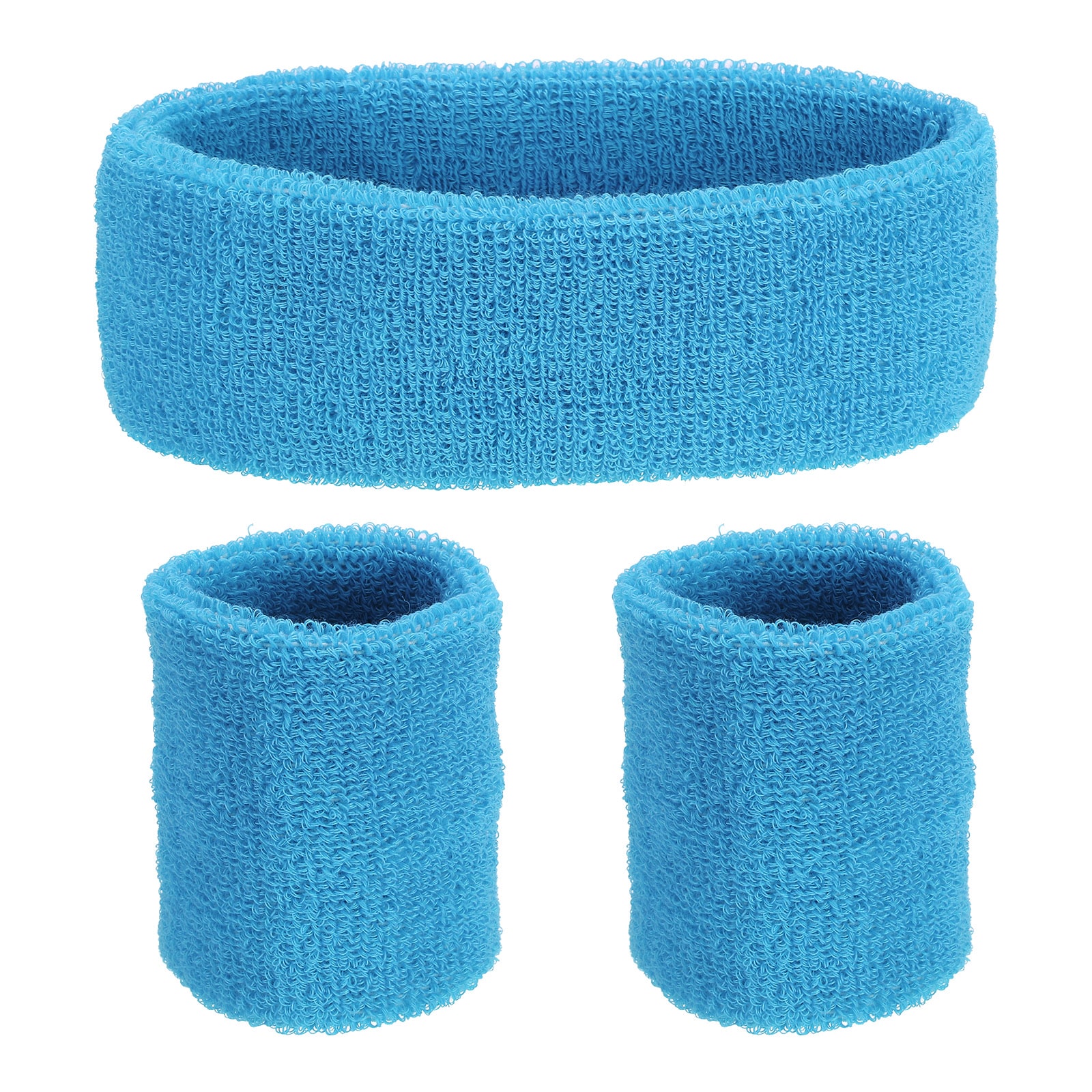 Unique Bargains Sweat Band Set Sports Terry Cloth Headband Wristband Set 7inch x2inch Moisture Wicking Sweat Absorbing Head Band for Women Men Workout Exercise Basketball(Sky Blue)