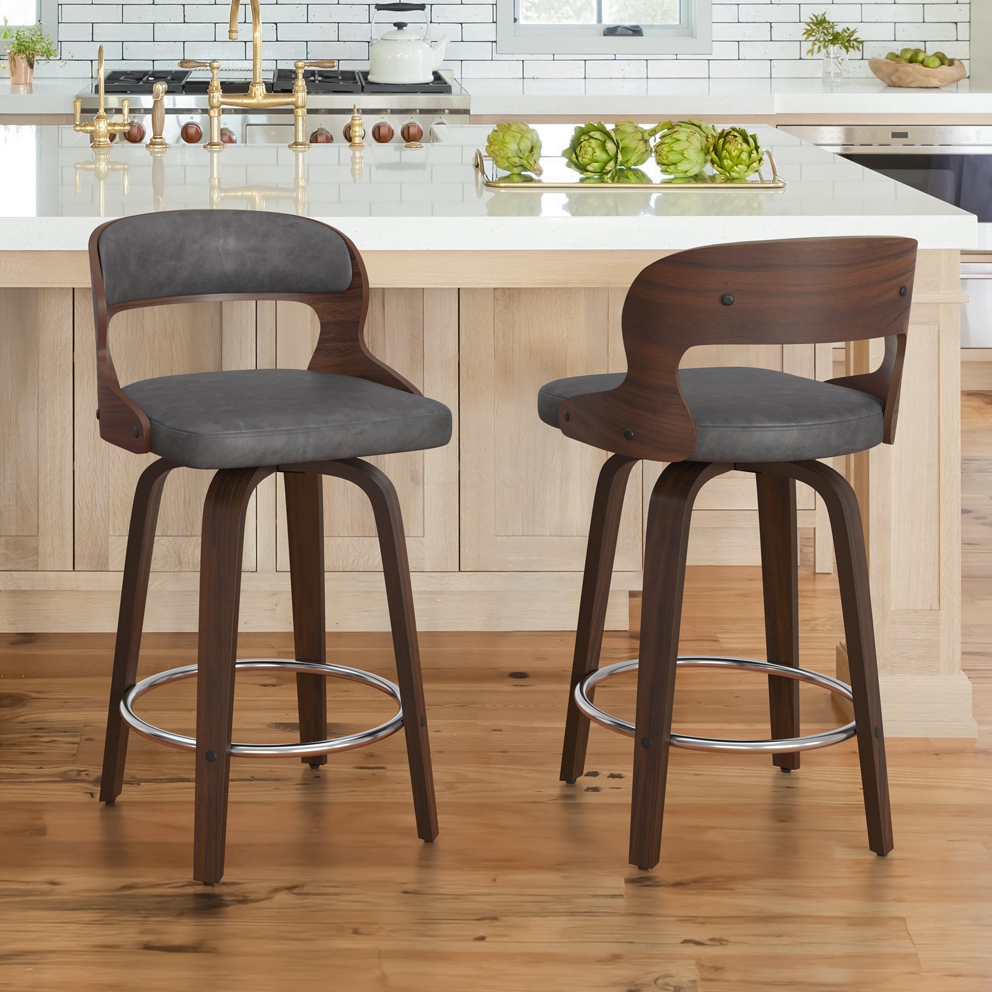 LUE BONA YB-042-04LS Set of 2 Gray/Faux Leather 26-in H Counter height (24-in to 27-in) Square Seat Upholstered Swivel Wood Back Bar Stool Back