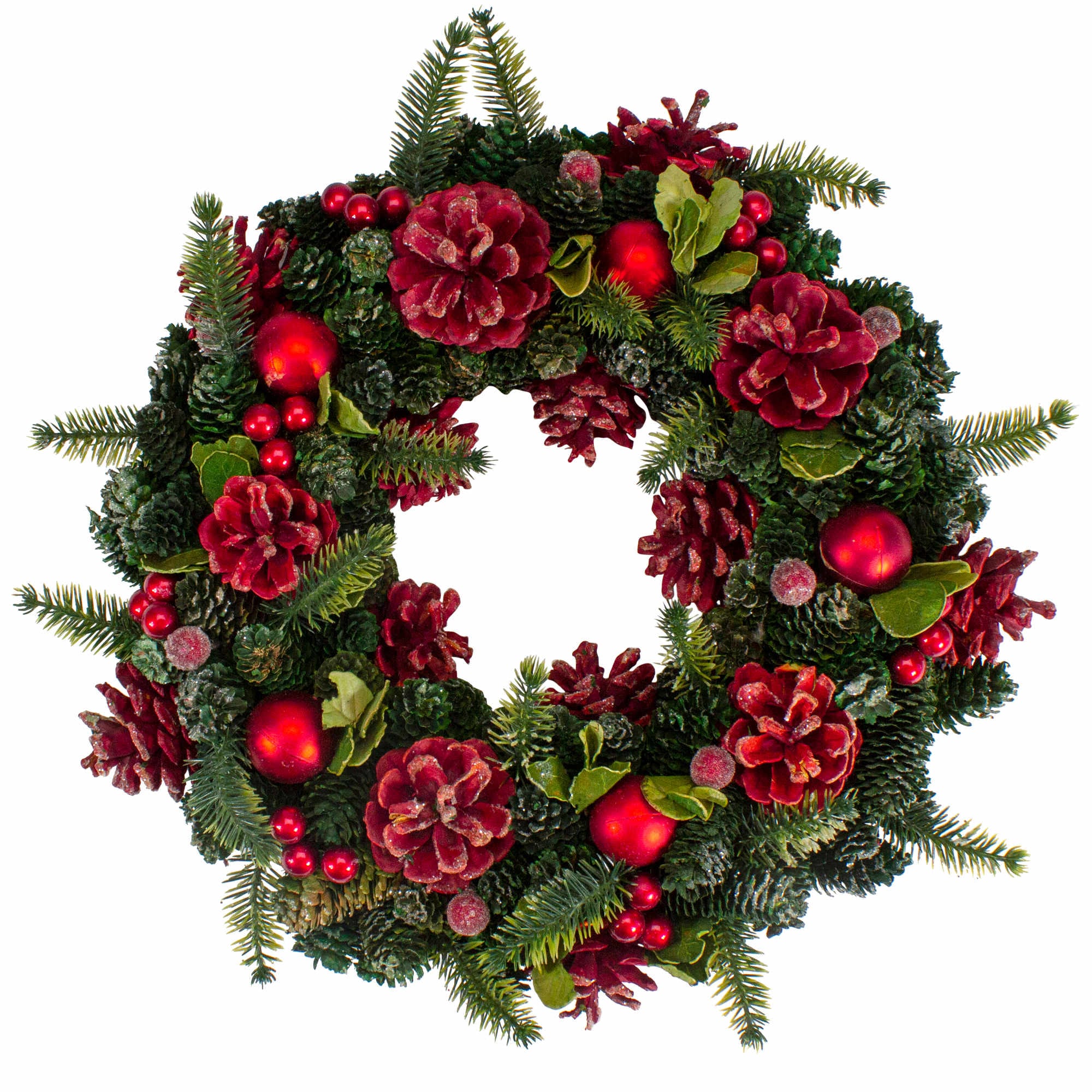 Northlight - Red  Pine Cones and Ornaments Christmas Wreath 13 inch - Unlit