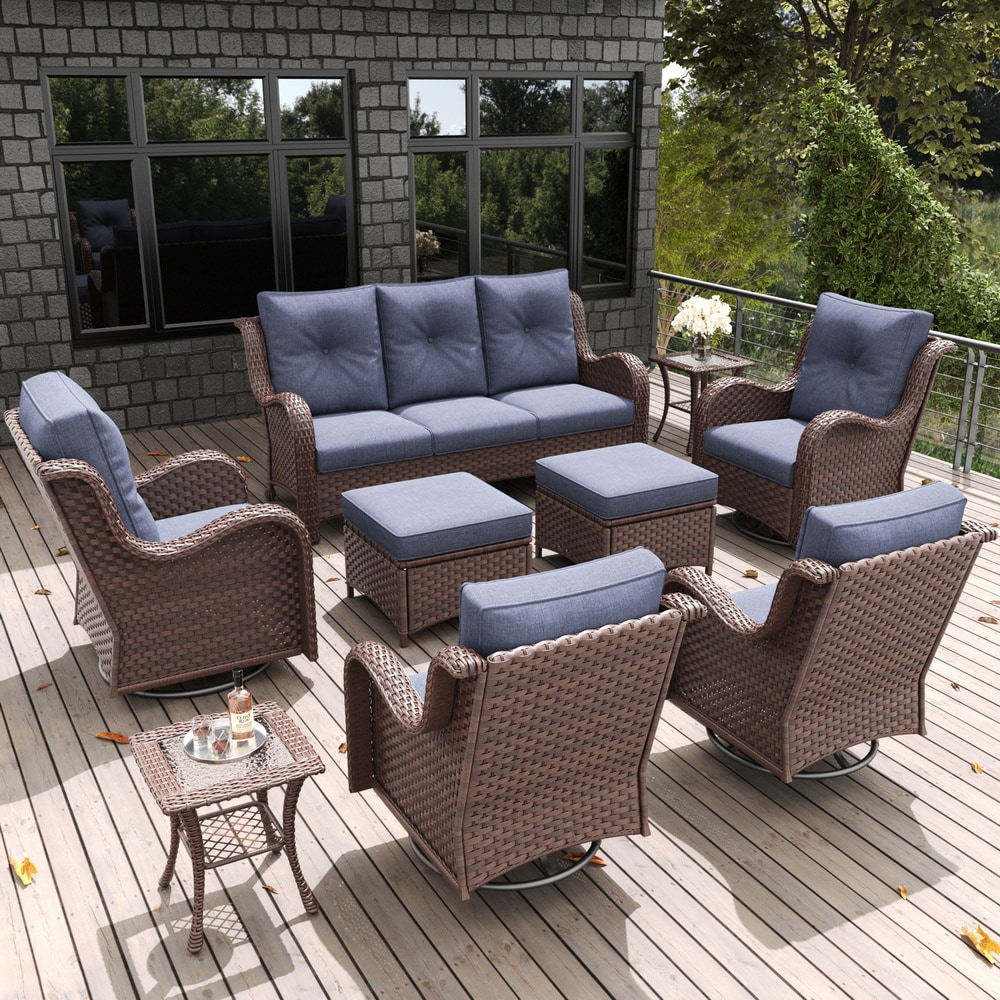 LayinSun BYT6003A-BRNAVY-9P 9 -Piece Outdoor Rattan Patio Conversation Set with Navy Cushions