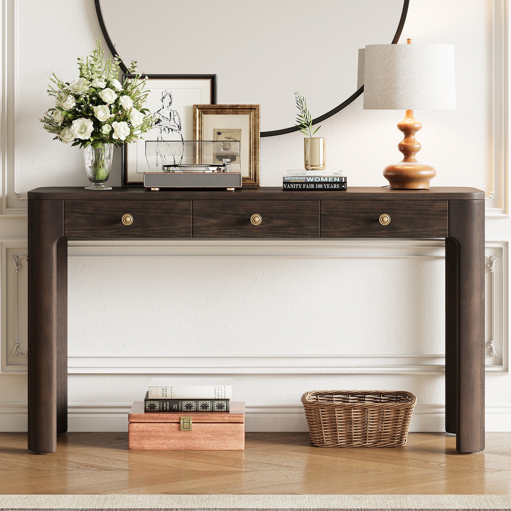 Horizons Prime 52 inch x 15 inch x 30 inch Espresso Solid Wood and MDF Rustic Console Table with Curved Corners for Safety