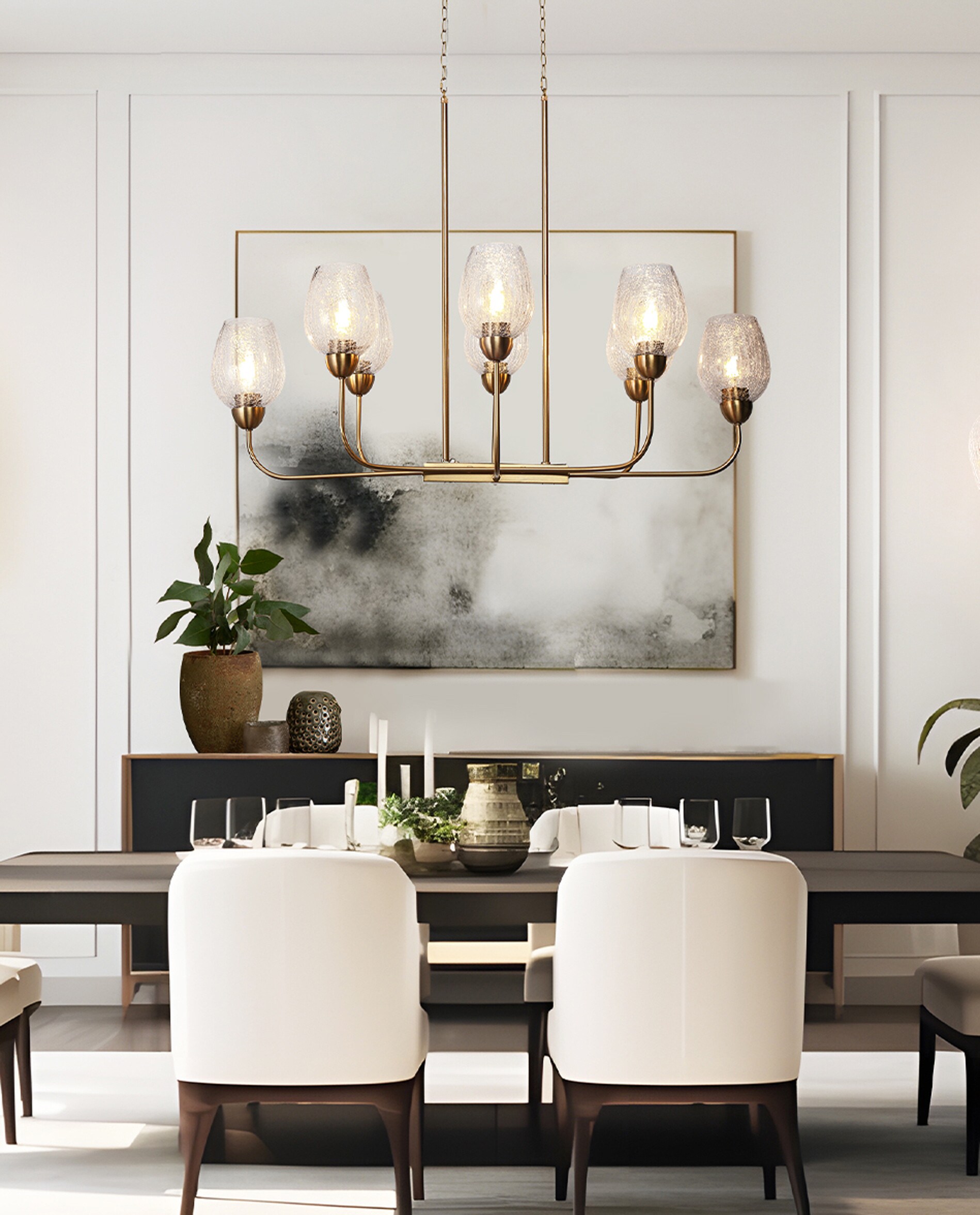 Gold Brass 8-Light Chandelier with Crackled Glass Shades
