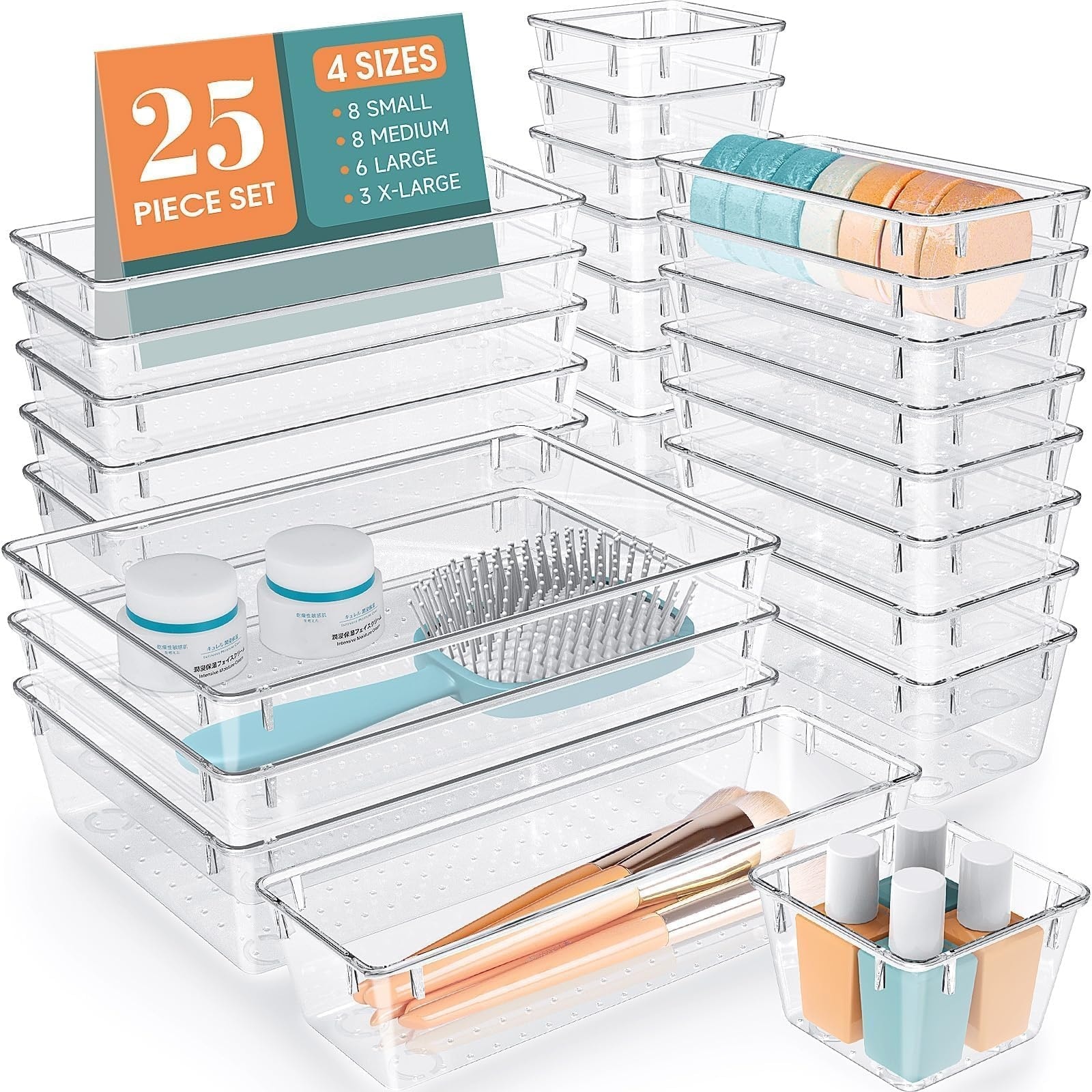 Yichuhaoxi 25 pcs Clear Plastic Drawer Organizer Set Multiple Sizes Non Slip Stackable Storage Bins for Makeup Jewelry Kitchen Bathroom Office
