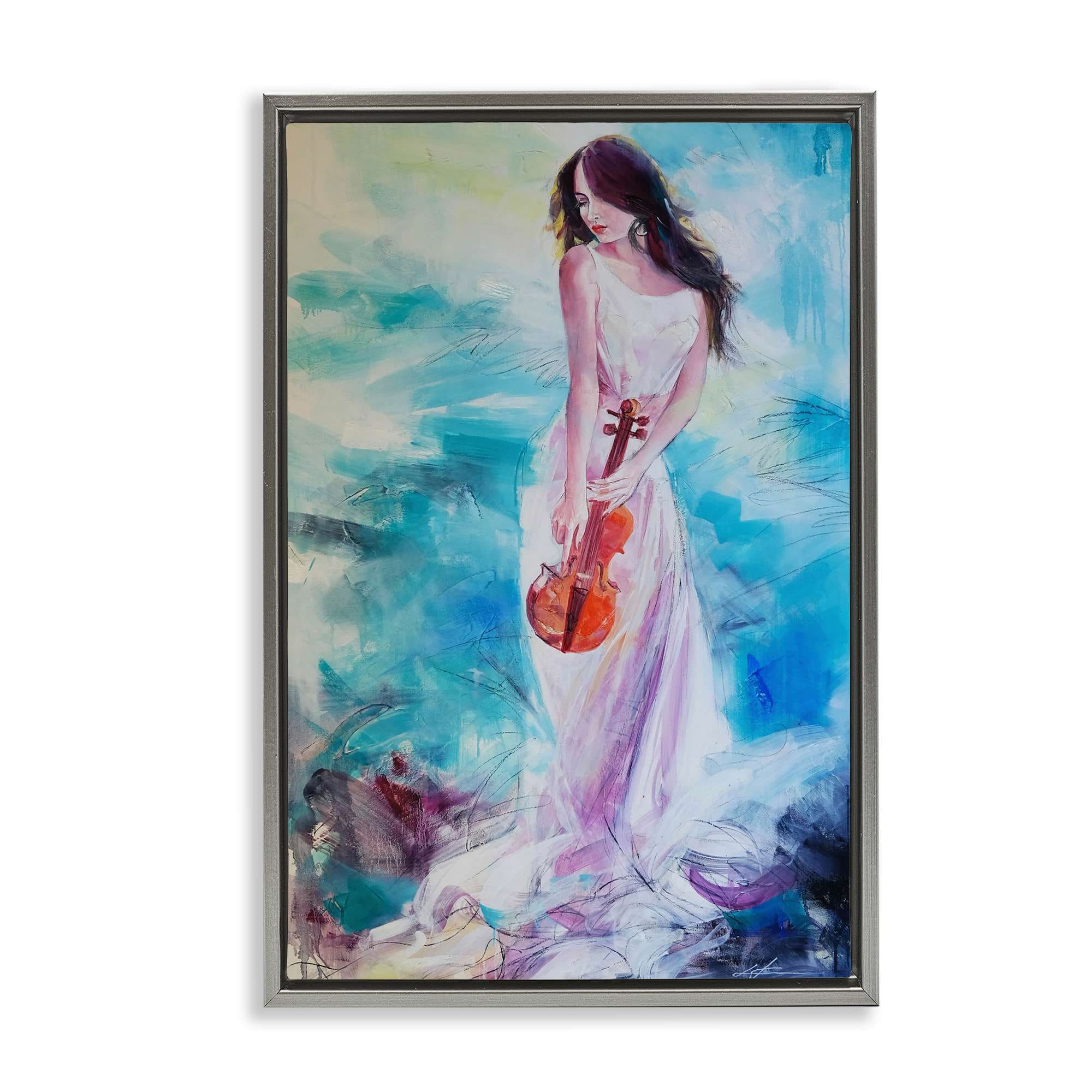 Stupell Industries BT-053-FFL-16X24 Elegant Woman with Violin Gray Framed Floater Canvas Wall Art By Lucille Lee 17 x 25