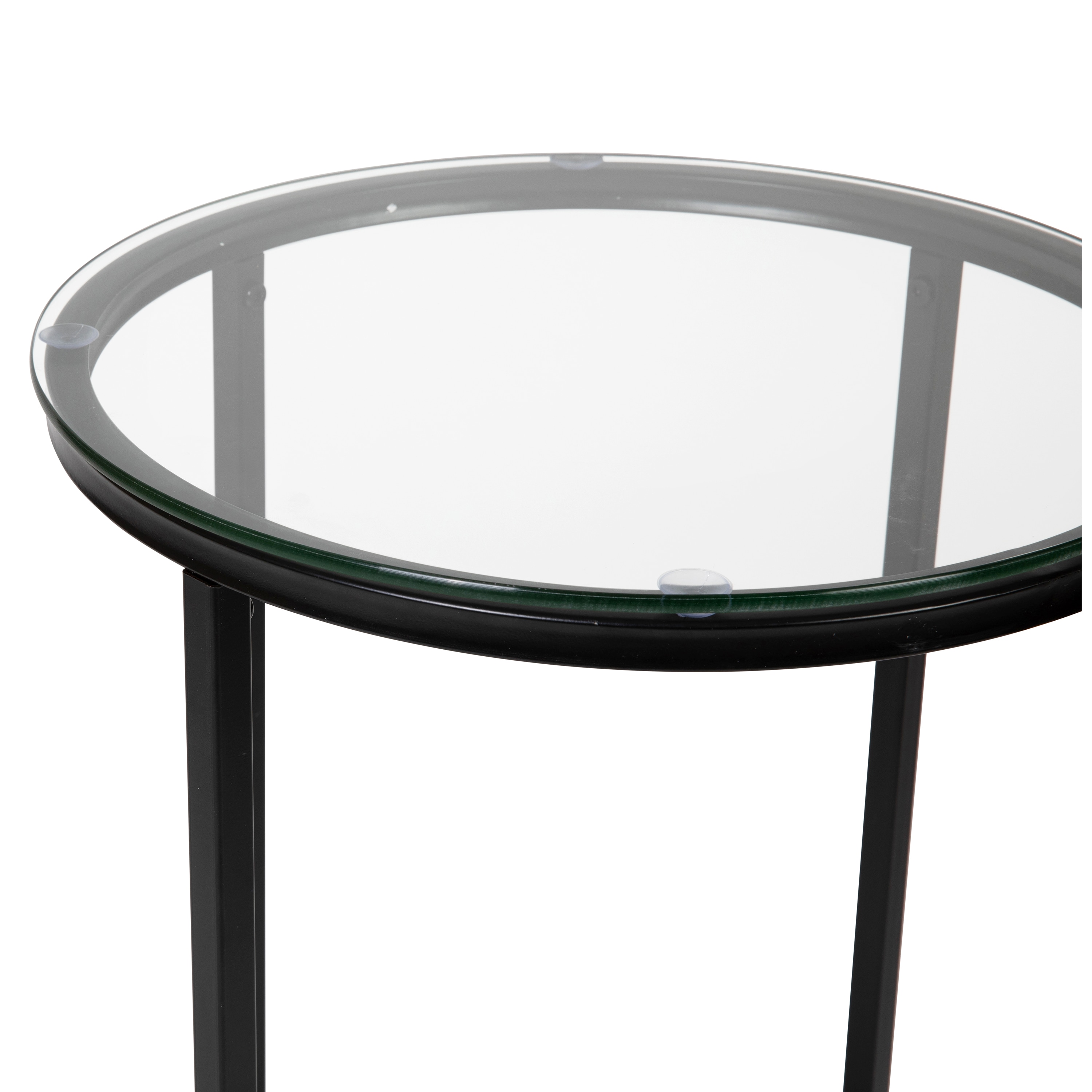 Round Clear Glass End Table with Matte Black Metal Frame