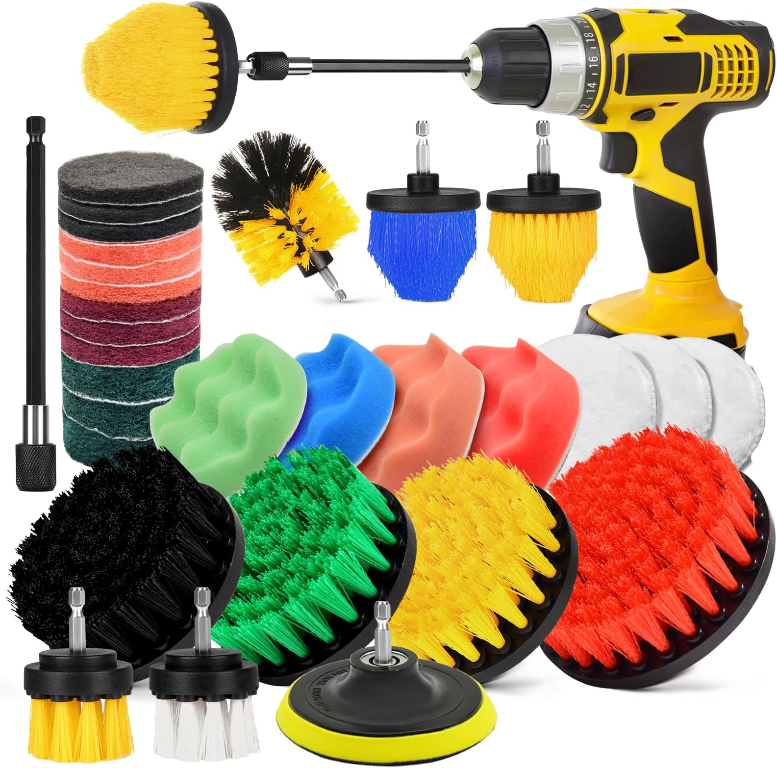 Afoxsos 30pcs Drill Brush Attachment Set Kit with Scrubber Brushes Scouring Pads Sponges Wool Pads and Extension for Tile Tub Floor Grout Cleaning