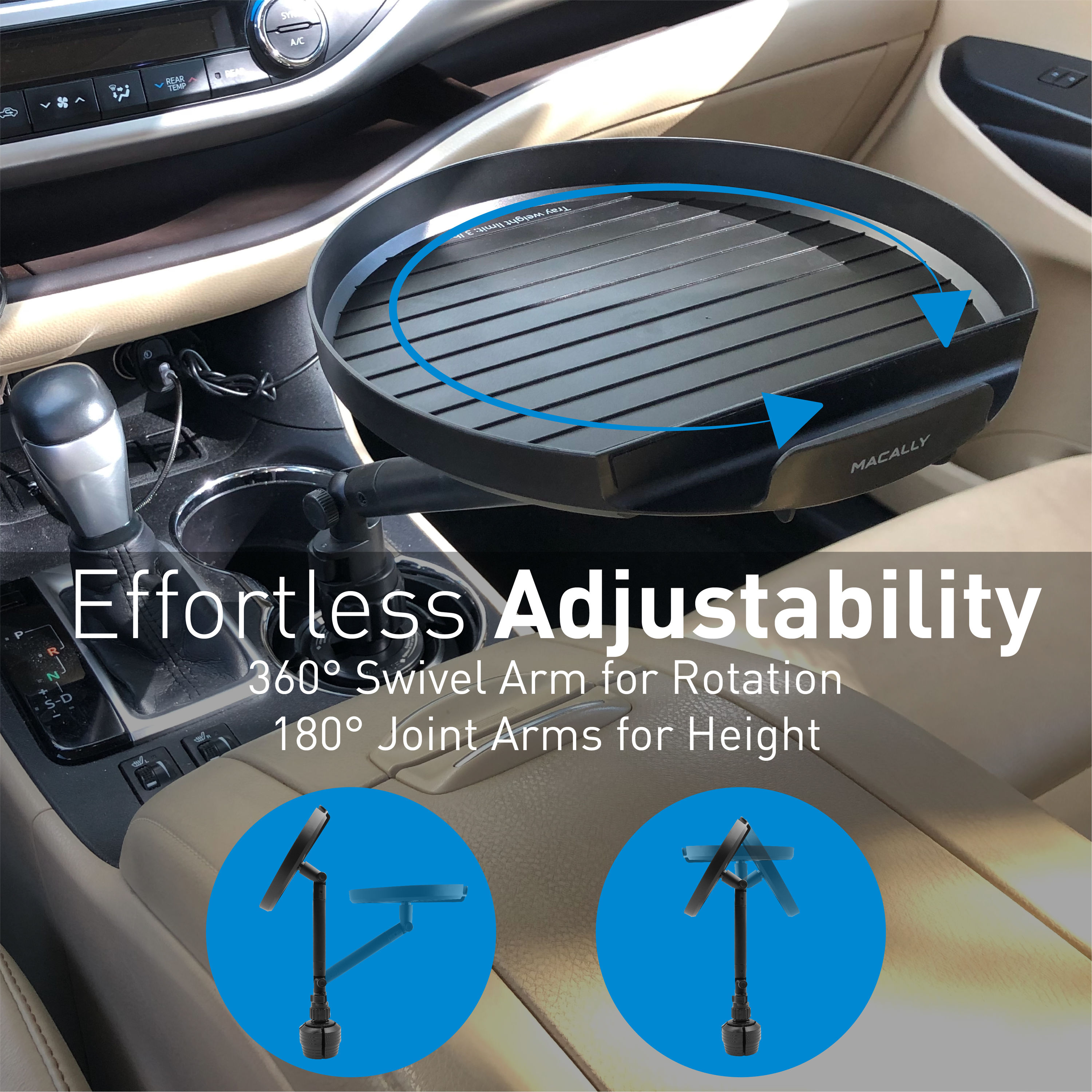 Cup Holder Tray for Car - Adjustable Car Tray Table - Perfect for Eating in Your Car with 9 inch Surface, Phone Slot, and 360? Swivel Arm - Car Food