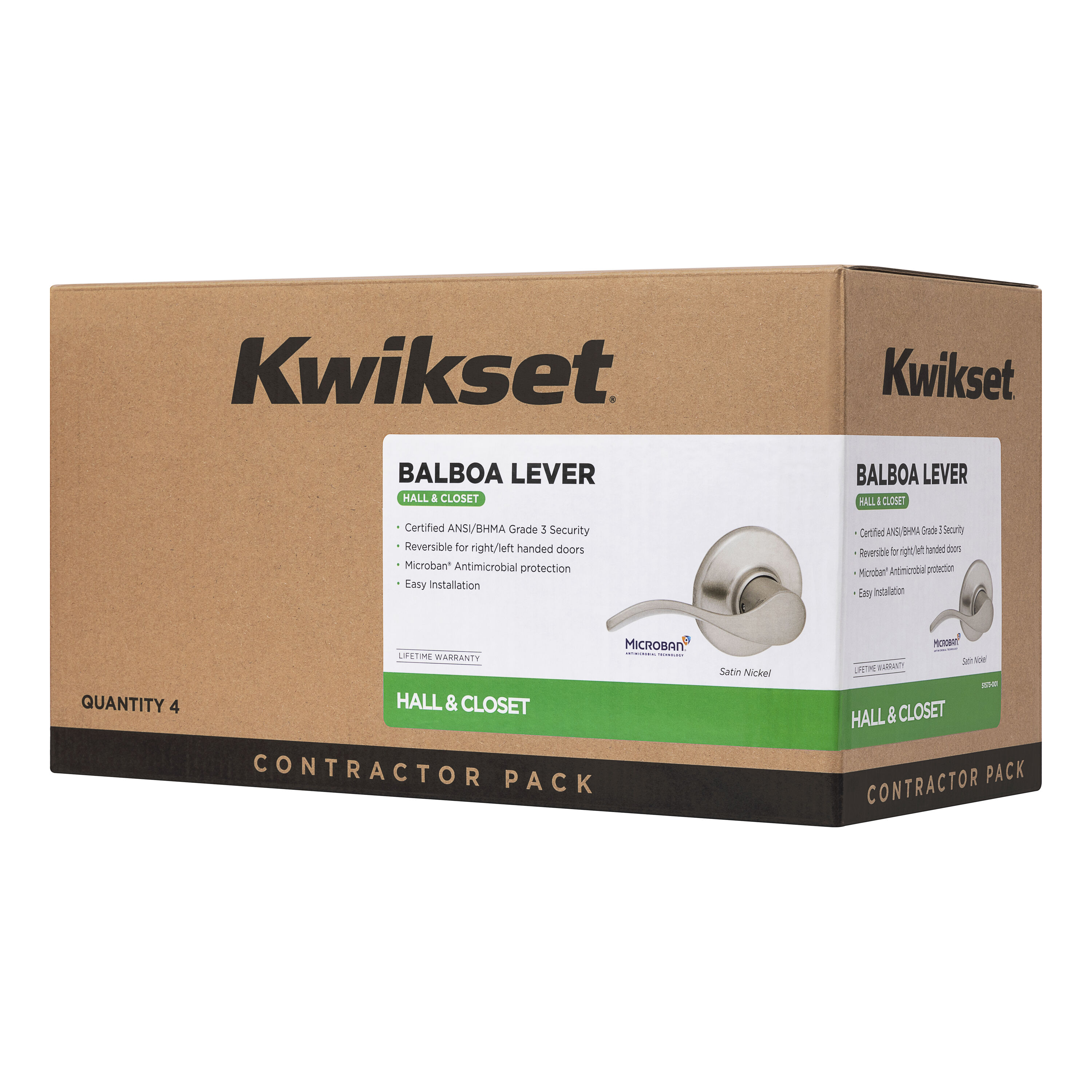 Kwikset Balboa Satin Nickel Passage Door Handle for Hall or Closet featuring Microban Technology (4-Pack)