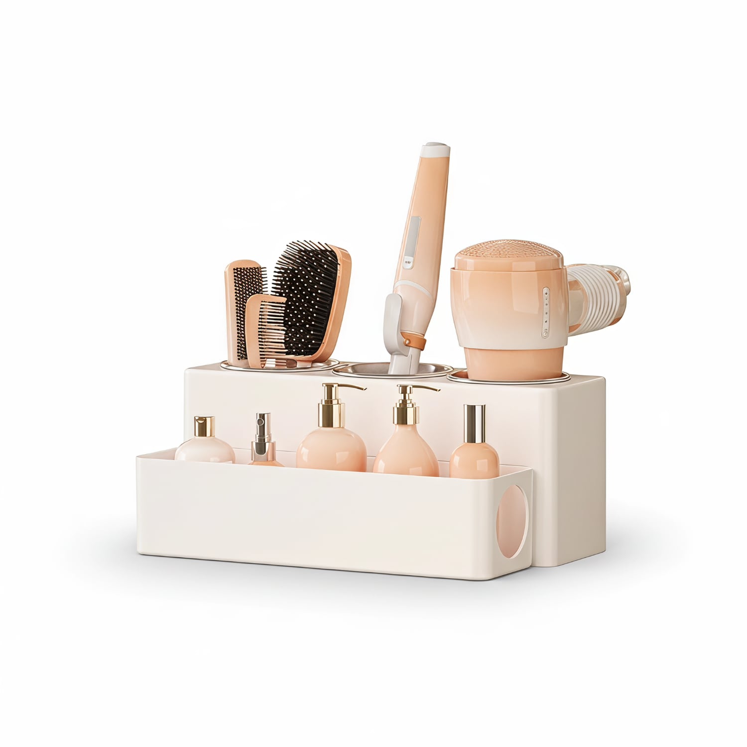 Paradigms Interiors 12 Inch White Hair Tool Organizer with 3 Heat Resistant Stainless Steel Cups Removable Blow Dryer Holder Storage for Curling Iron Brush Straightener