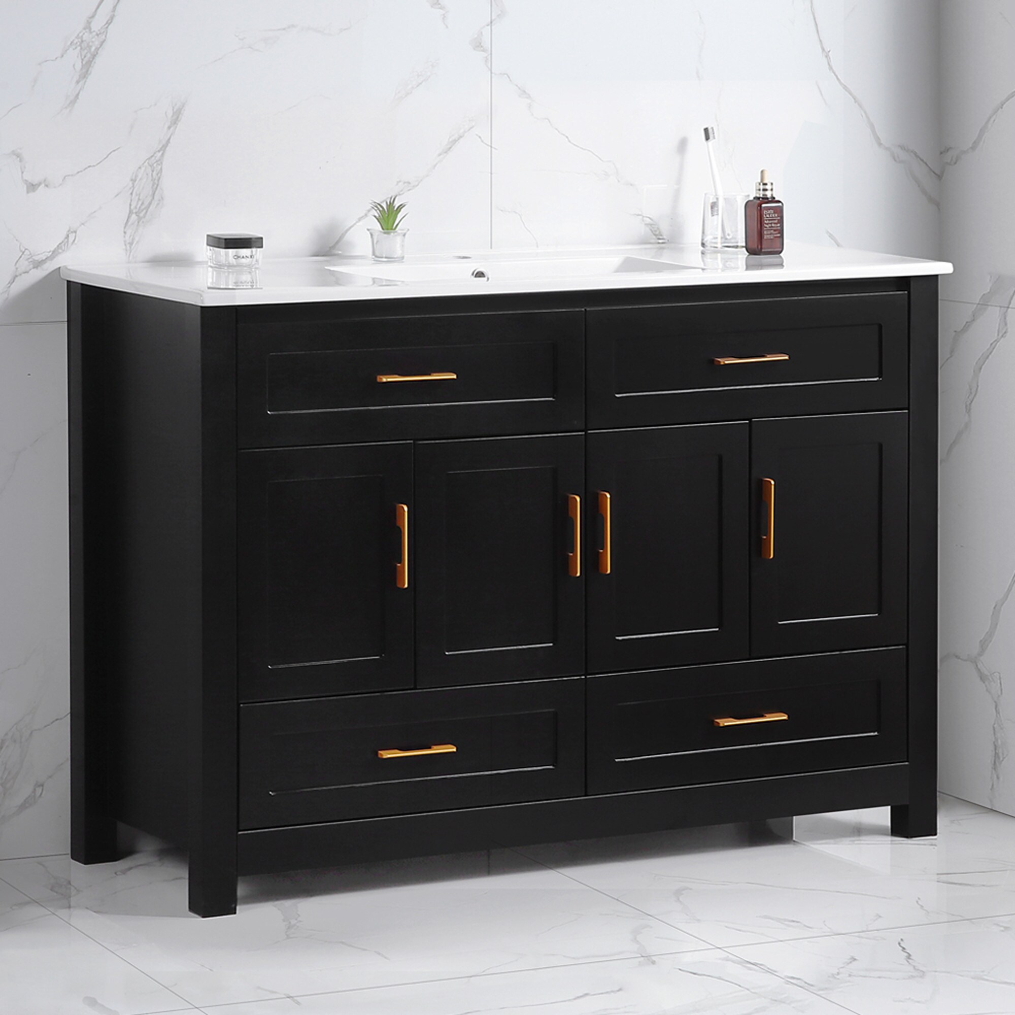 Wooakway 48 Inch Black Bathroom Vanity with Ceramic Sink Combo and Abundant Storage 4 Soft Close Doors and 4 Drawers