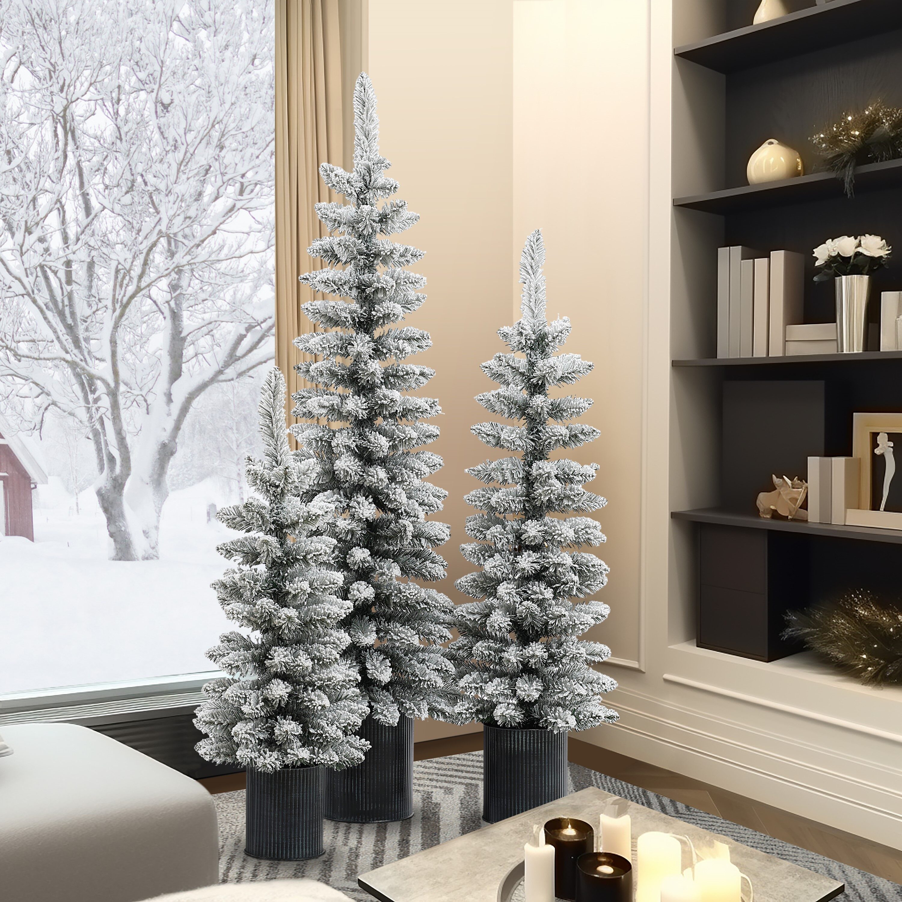 Set of 3 Snow-Flocked PVC Christmas Trees with Metal Pots