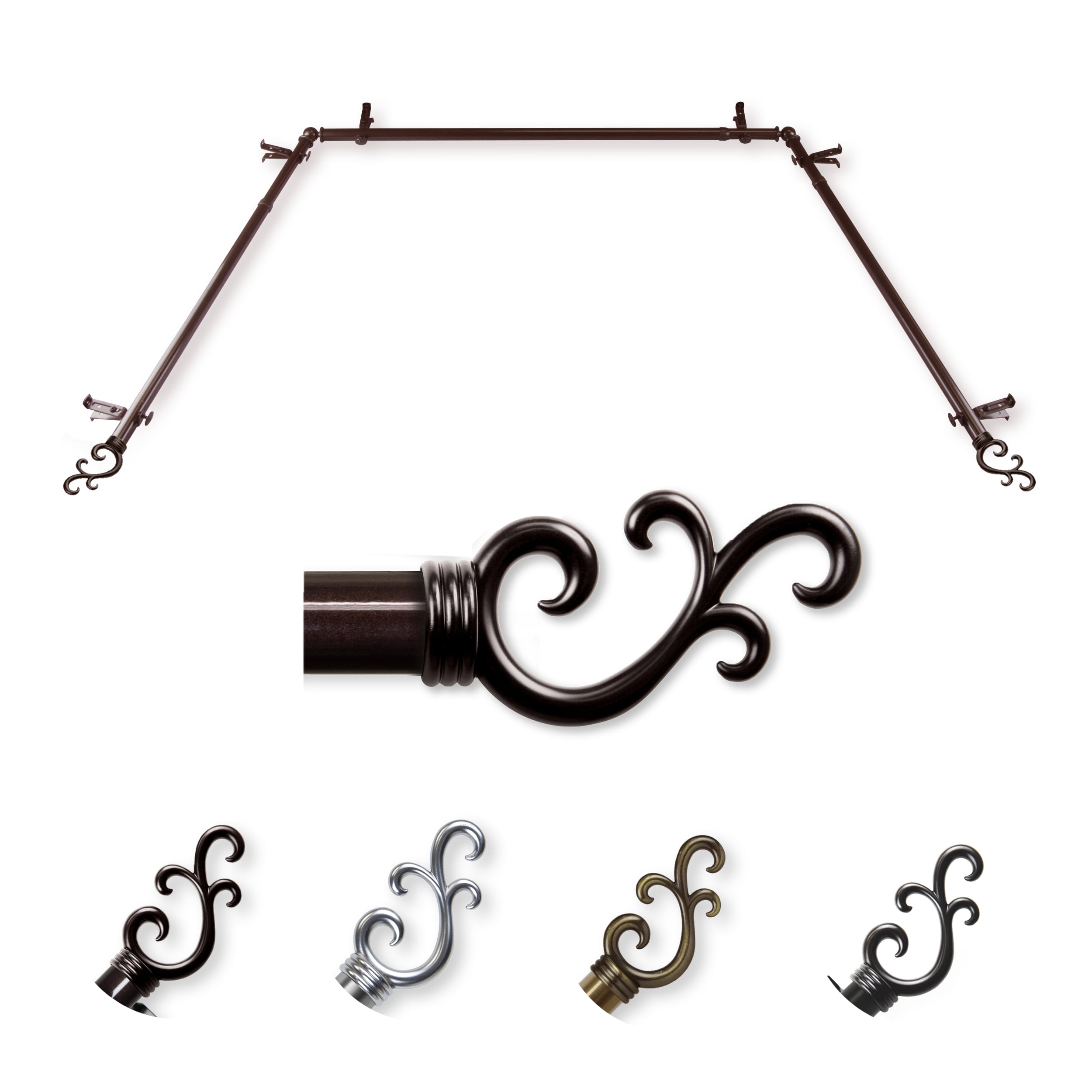 Hart & Harlow L-ABAY-35-7 Luanda 13/16-in Bay Cocoa Steel Bay window curtain rod with Finials