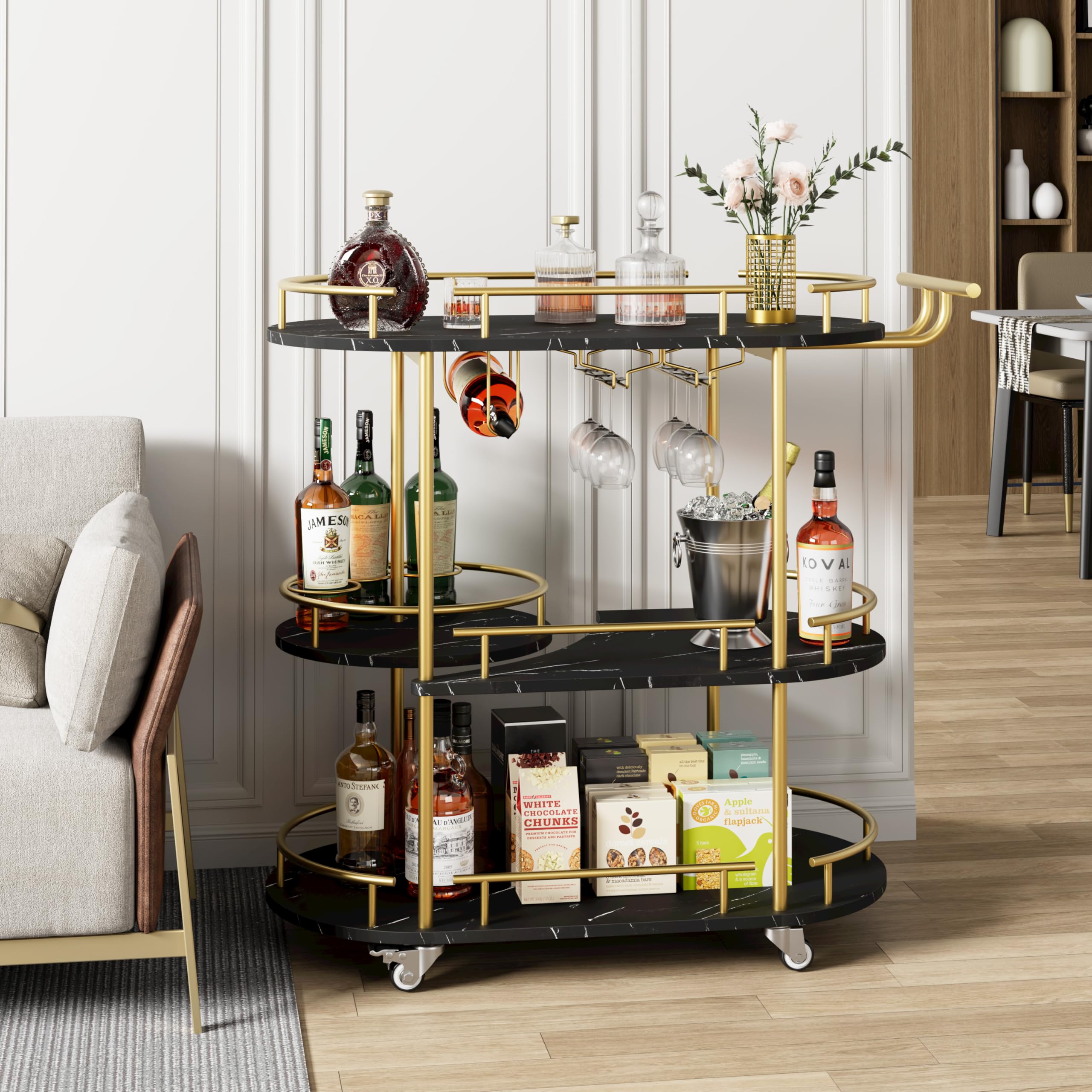 IdealHouse Versatile 3 Tier Bar Cart with Wine Rack and Glass Holder Mobile Serving Trolley with Storage Shelves for Kitchen Dining Living Room Rustic Gold paint and black marble panel