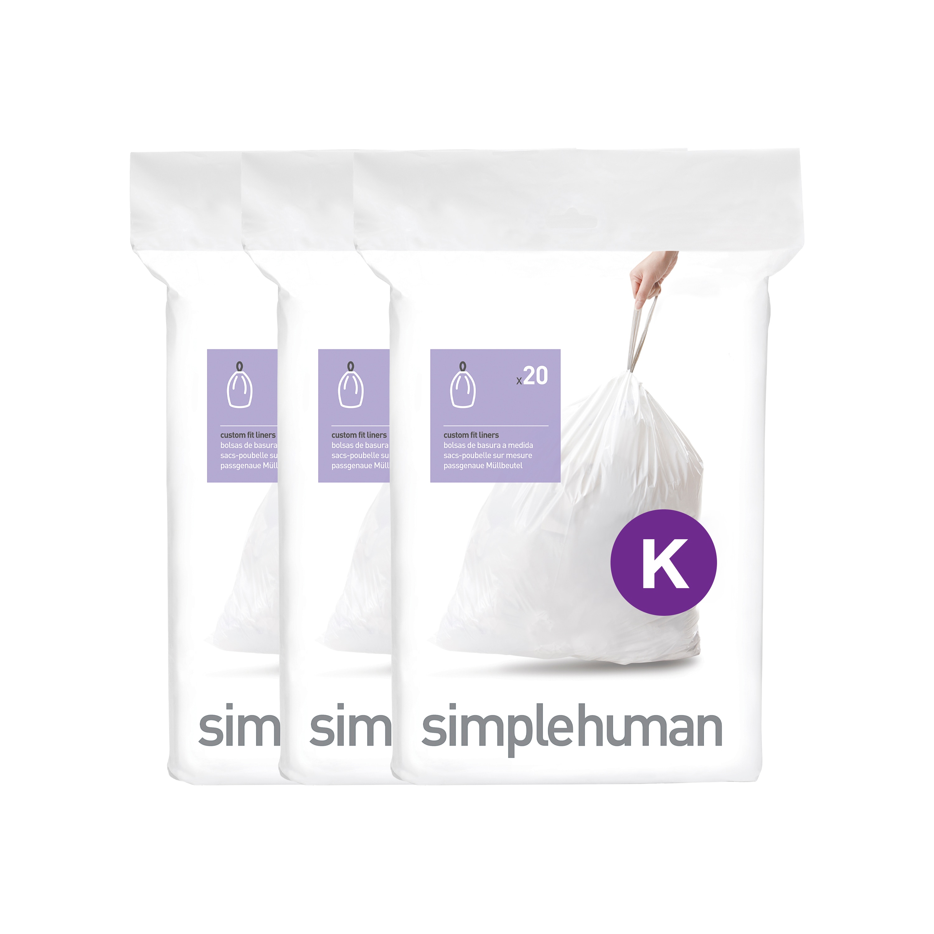 simplehuman CW0260 Code K 60pk Genuine Custom Fit Liners, 12-Gallon Unscented White Indoor Plastic Kitchen Drawstring Trash Bag 60 -Count